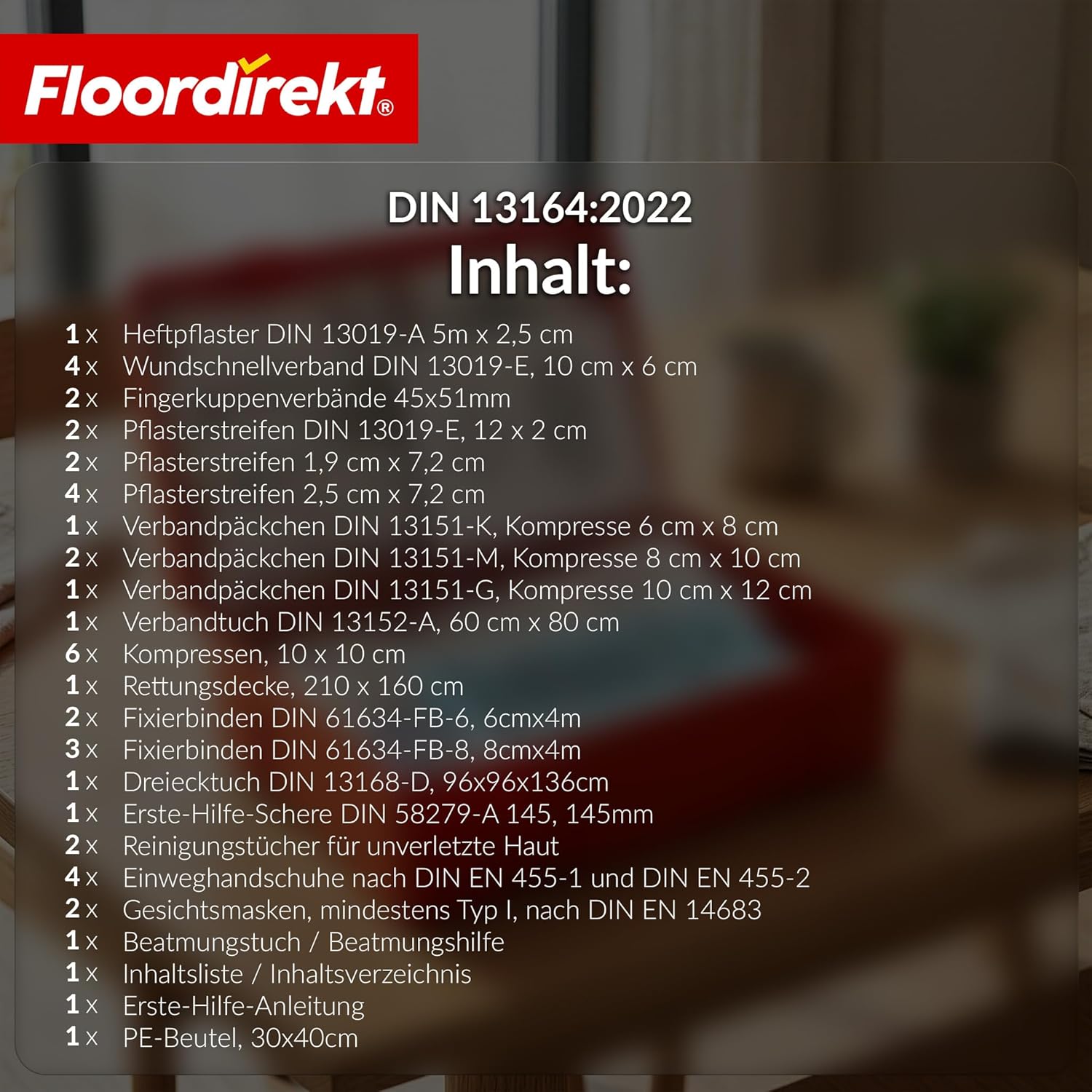 Floordirekt Auto-Verbandstasche mit 2 Masken – Verbandstasche nach DIN 13164 – europaweit gültig – Verbandskasten-Set für Auto und Motorrad (Auto-Verbandstasche) – Bild 9