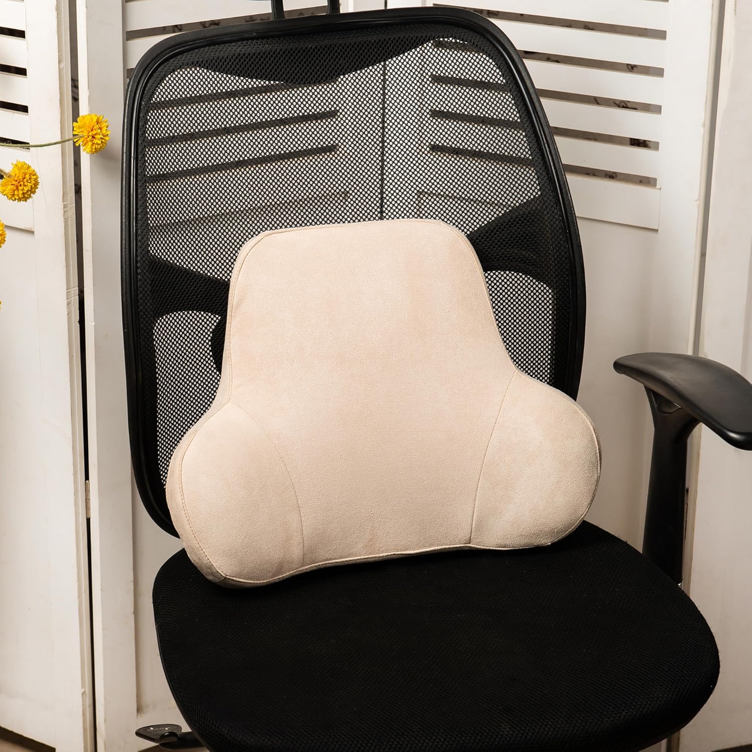 Lendenwirbelstütze, Auto-Lendenkissen, Memory-Schaum mit abnehmbarem Wildlederbezug – ergonomisches Rückenkissen für Auto und Büro, Beige – Bild 2