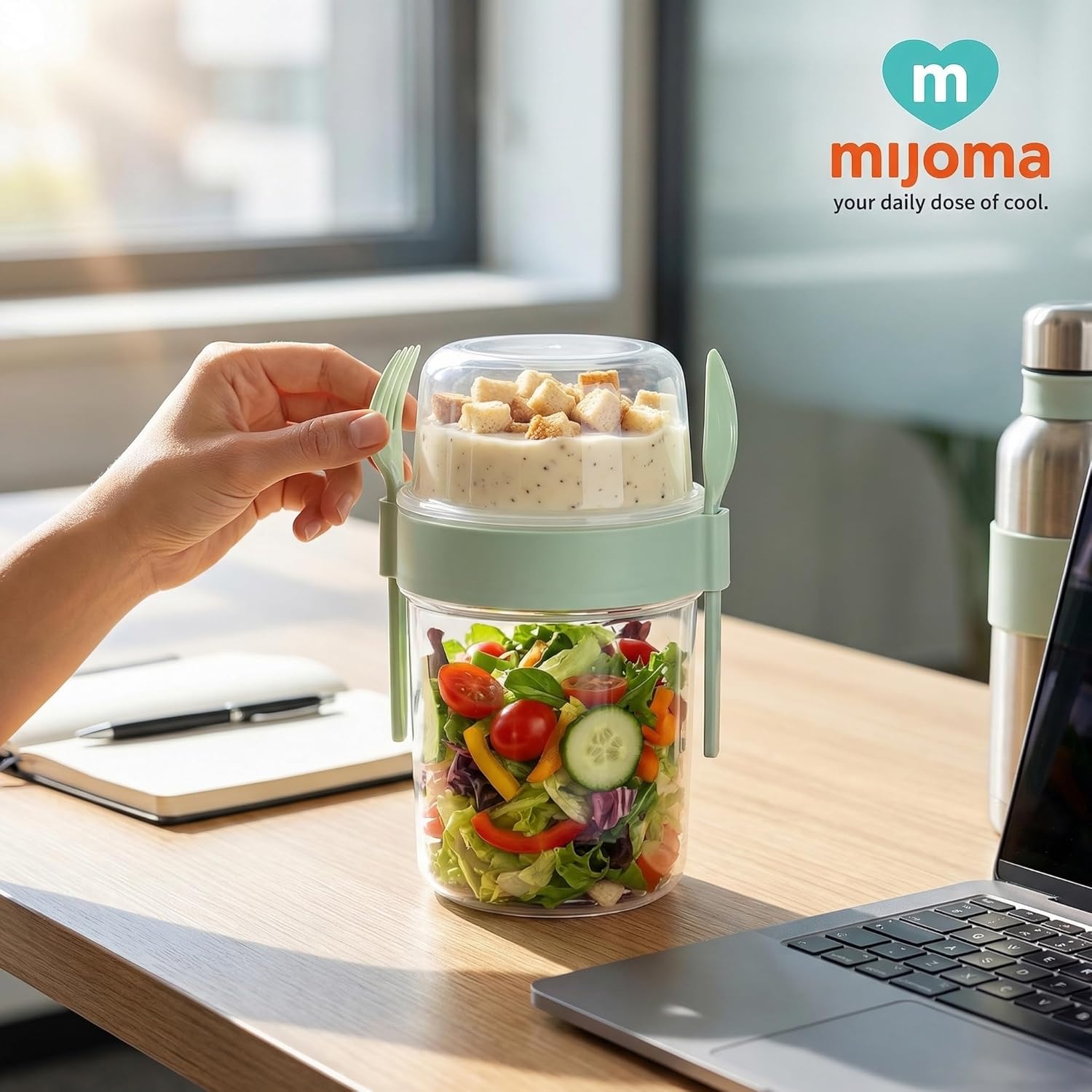MIJOMA Salat-To-Go-Becher mit Besteck 1100 ml, auslaufsicher, BPA-frei – Meal-Prep-Behälter mit extra Fach für Dressing & Toppings – Salatbox für Reisen & Büro (Mintgrün) – Bild 4