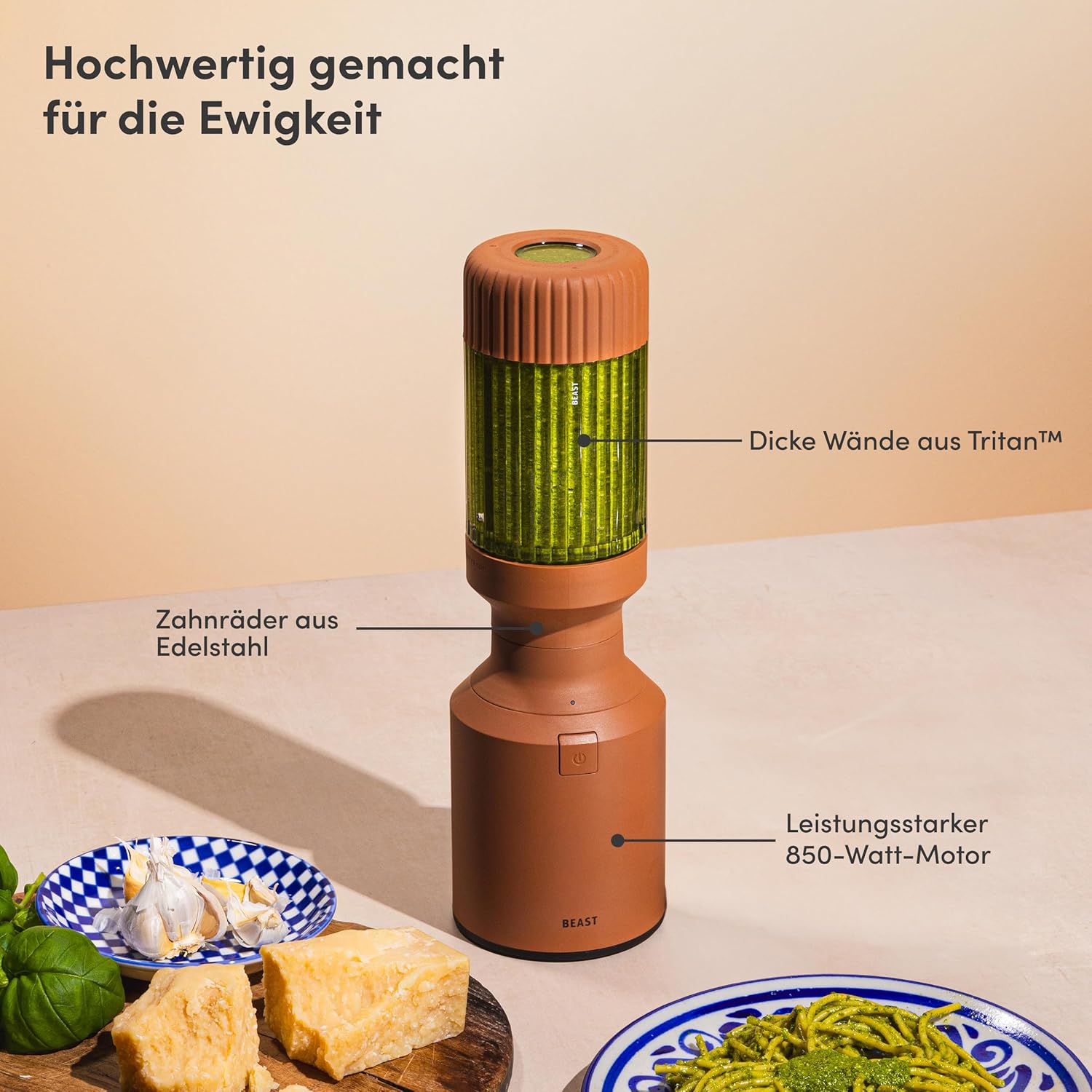 BEAST Smoothie Maker 850 W – Kompakter Standmixer Hochleistungsmixer mit 3 Tritan-Rührbechern – 785 ml – To-go-Trink- und Aufbewahrungsdeckel – Mixer für Smoothies, Eis und Shakes – Terra – Bild 2