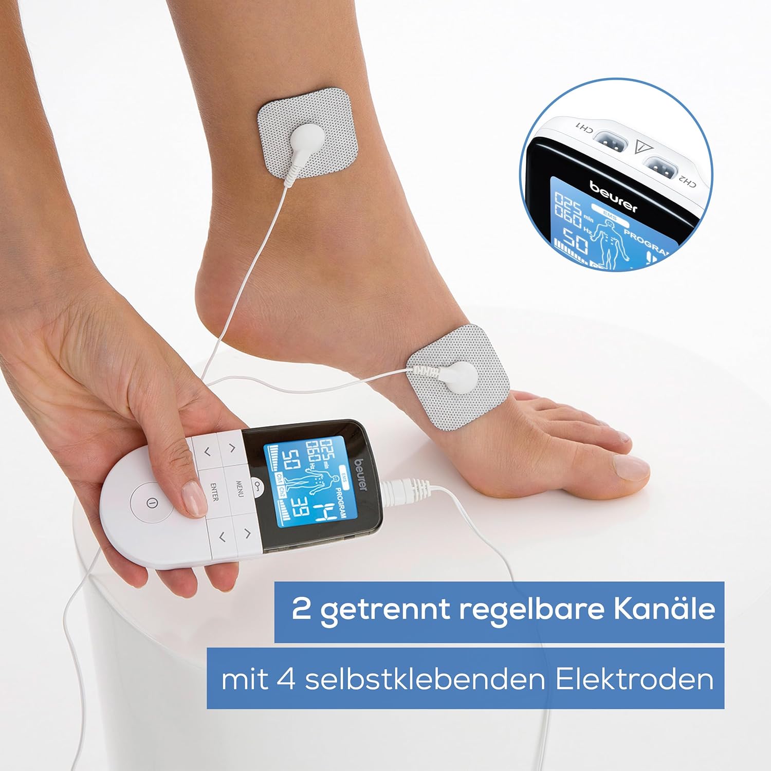 Beurer EM 49 Digitales TENS/EMS, 3-in-1 Elektrostimulationsgerät zur Schmerzlinderung durch elektrische Nervenstimulation, Training durch elektrische Muskelstimulation, Massagefunktion, inklusive 4 Elektroden – Bild 7