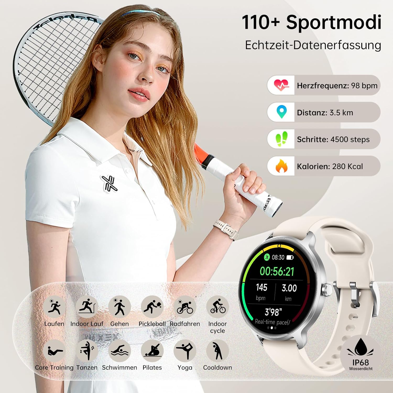 Smartwatch Damen Herren rund 1,27 Zoll AMOLED Smartwatch mit Telefonfunktion, Fitnessuhr mit Herzfrequenzmesser SpO2 Schlafmonitor Schrittzähler 120+ Sportmodi Sportuhr IP68 Wasserdicht für iOS Android Beige – Bild 4