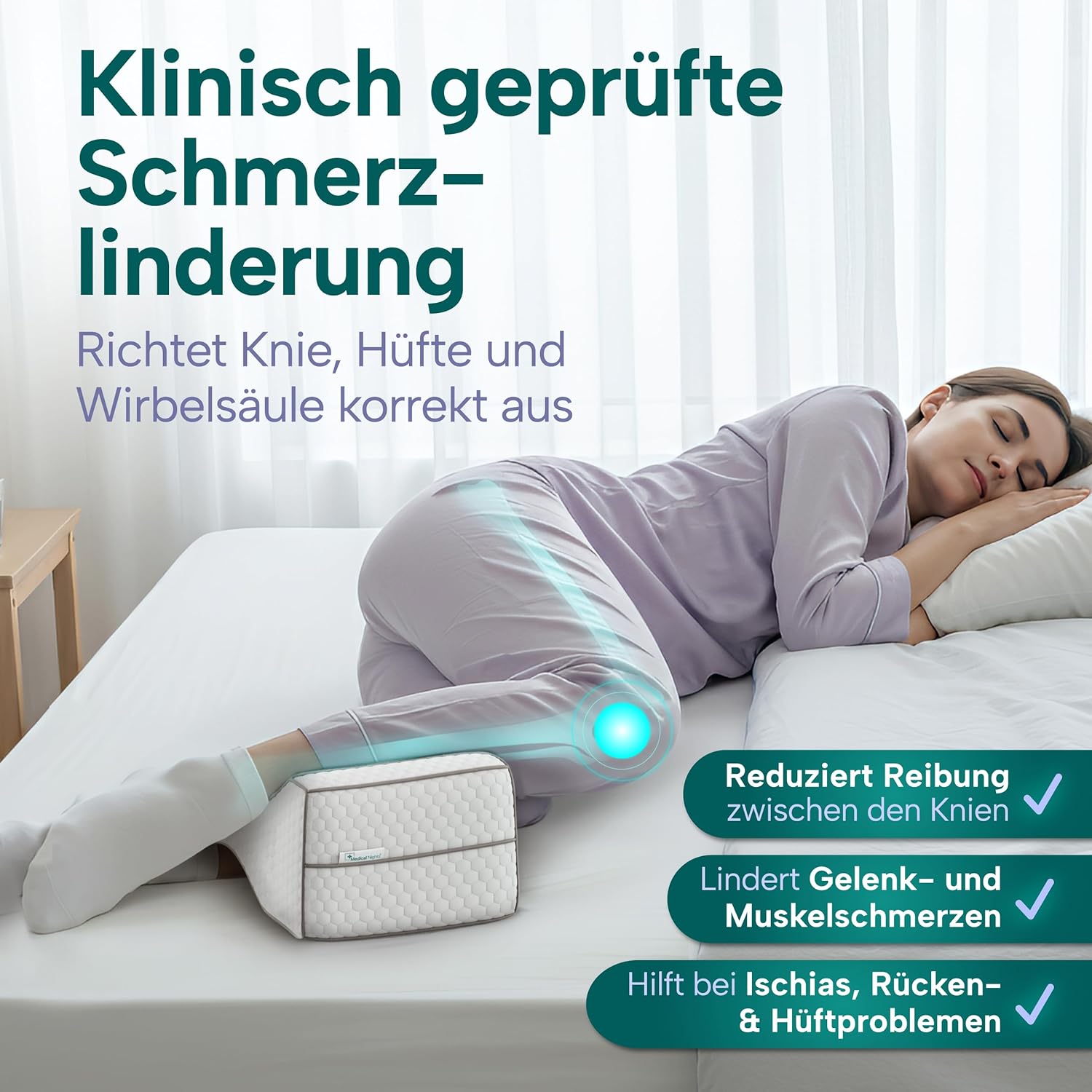 Kniekissen für Seitenschläfer – Orthopädisches Beinkissen medizinisch inspiriert zur Entlastung von Hüfte, Rücken und Knien | Ergonomisches Memory-Schaum-Kissen mit rutschfestem Design – Bild 6