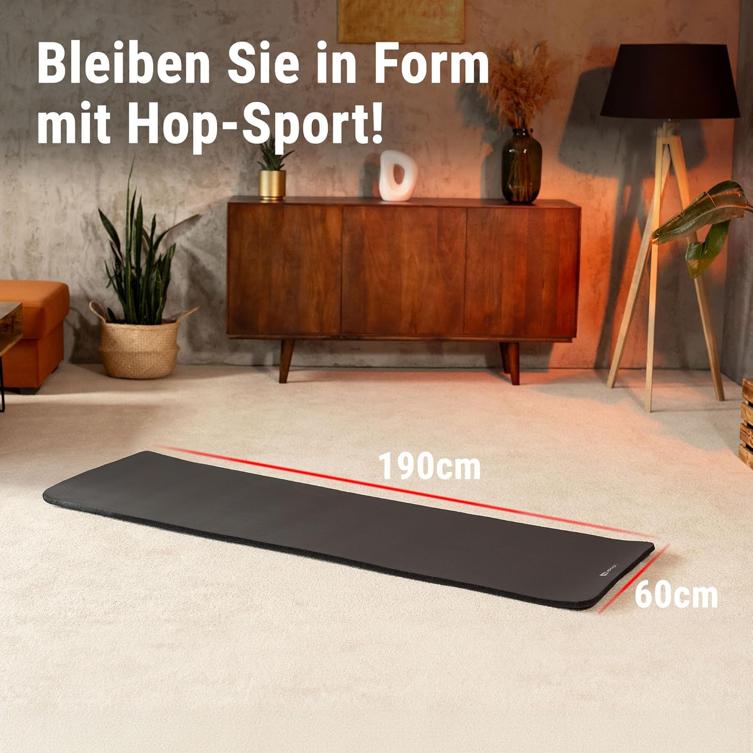 Hop-Sport Gymnastikmatte 190 x 60 cm x 2 cm, Sportmatte – gelenkschonend und rutschfest, Fitnessmatte aus NBR-Schaum – extra dick + Tragegurt – Bild 2
