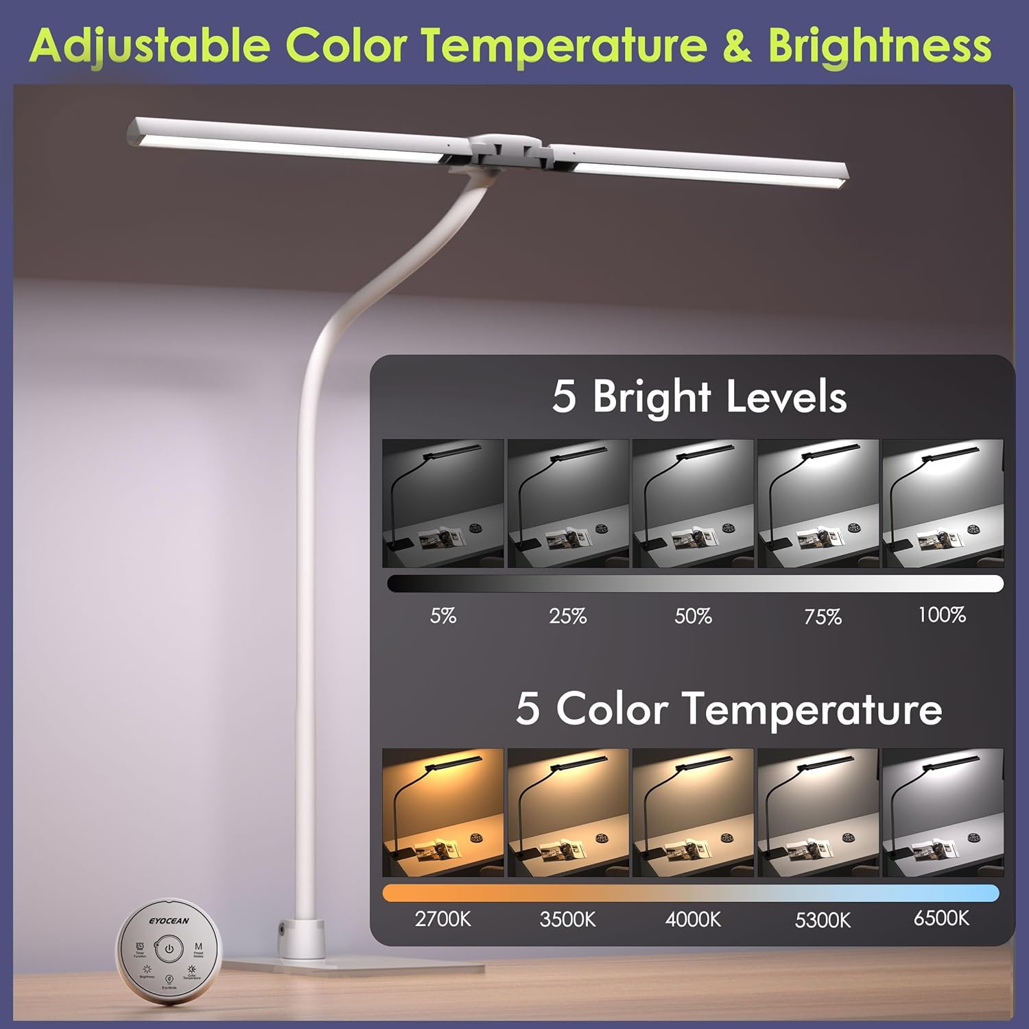EYOCEAN Schreibtischlampe, Doppelkopf Schreibtischlampe Kinder, Augenschutz Schreibtischlampe, 16W 72cm Tageslichtlampe Schreibtisch mit Fernbedienung, Dimmbare Monitorlampe, Schwanenhals Bürotischlampe – Bild 5