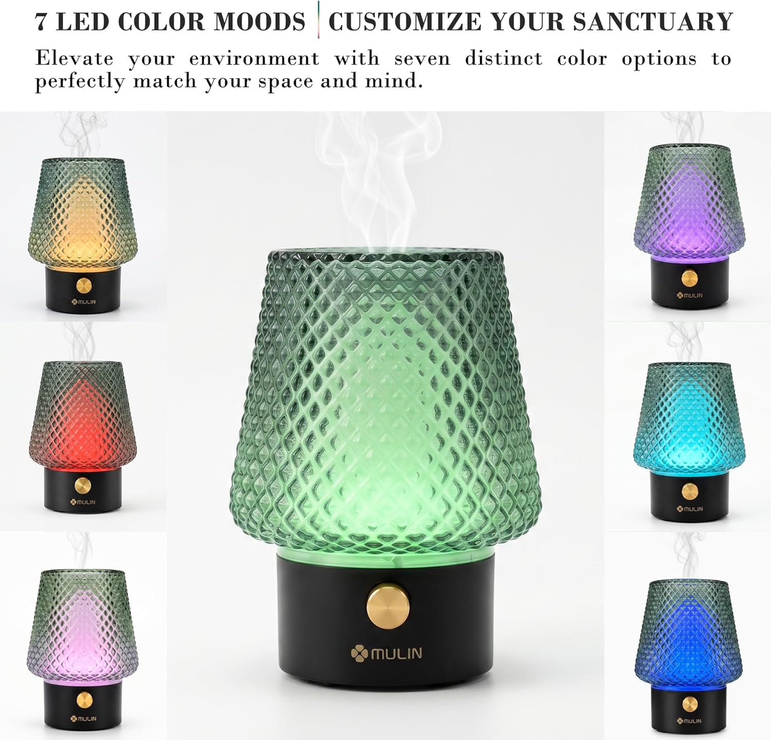 MULIN Aroma-Diffusor 100 ml, mundgeblasener Glas-Duftöl-Diffusor, leiser Ultraschall-Aromatherapie-Diffusor für ätherische Öle, 7-Farben-LED-Licht, BPA-frei, für den Heimgebrauch – Bild 7