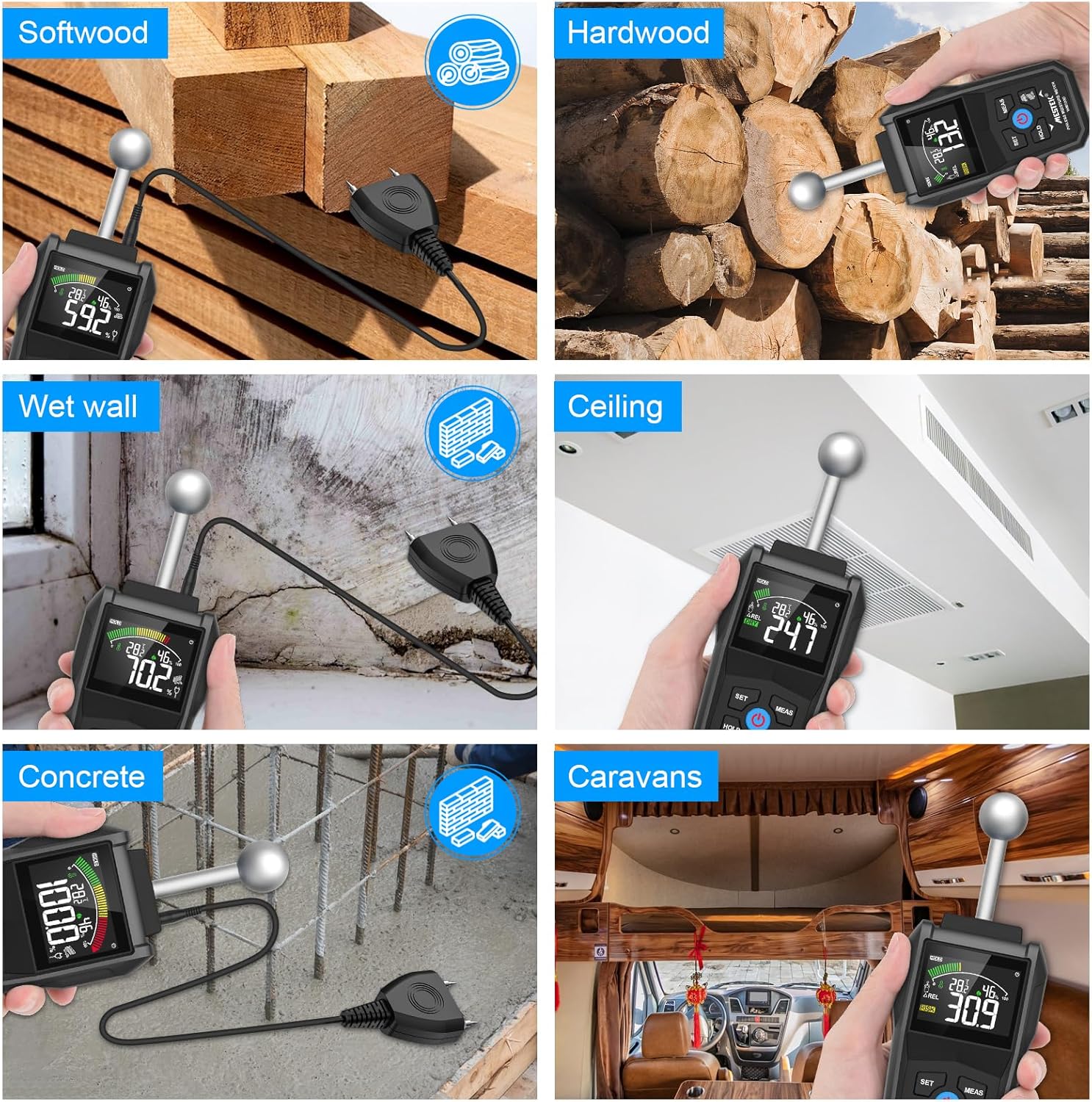 MESTEK Feuchtigkeitsmessgerät, Wandfeuchtemessgerät, Stift- und stiftloses Feuchtigkeitsmessgerät mit farbigem LCD-Akustikalarm für Wände, Holz, Mauerwerk, Putz, Baumaterialien, Boden, Gebäudefeuchtigkeit, 20–40 mm, Analysetiefe – Bild 8