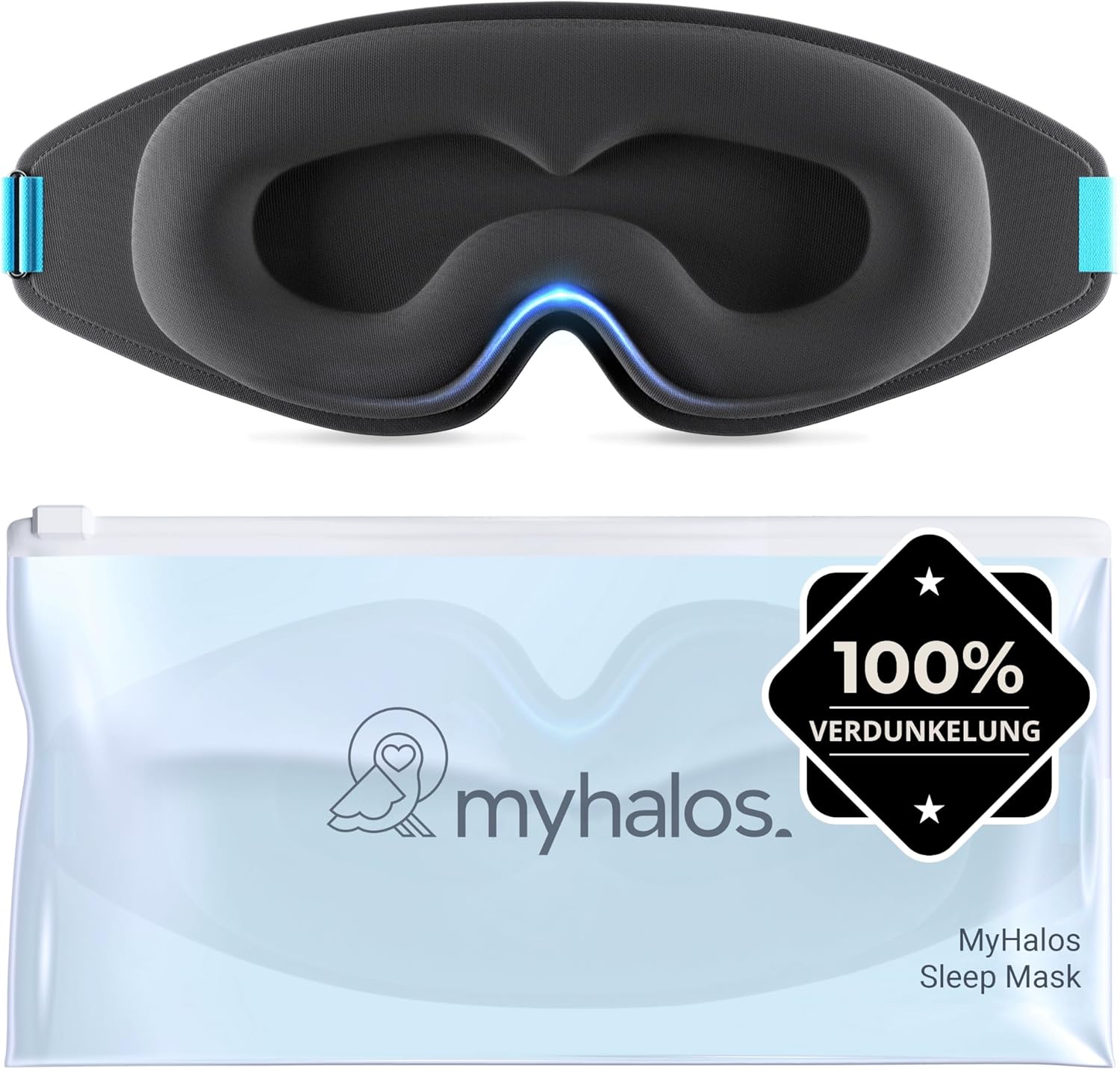 MyHalos 3D-Schlafmaske mit Augenhöhlen – Augenmaske zum Schlafen ohne Augenabdruck, ideal für Seitenschläfer & Wimpernverlängerung, verstellbar, mit Etui für unterwegs