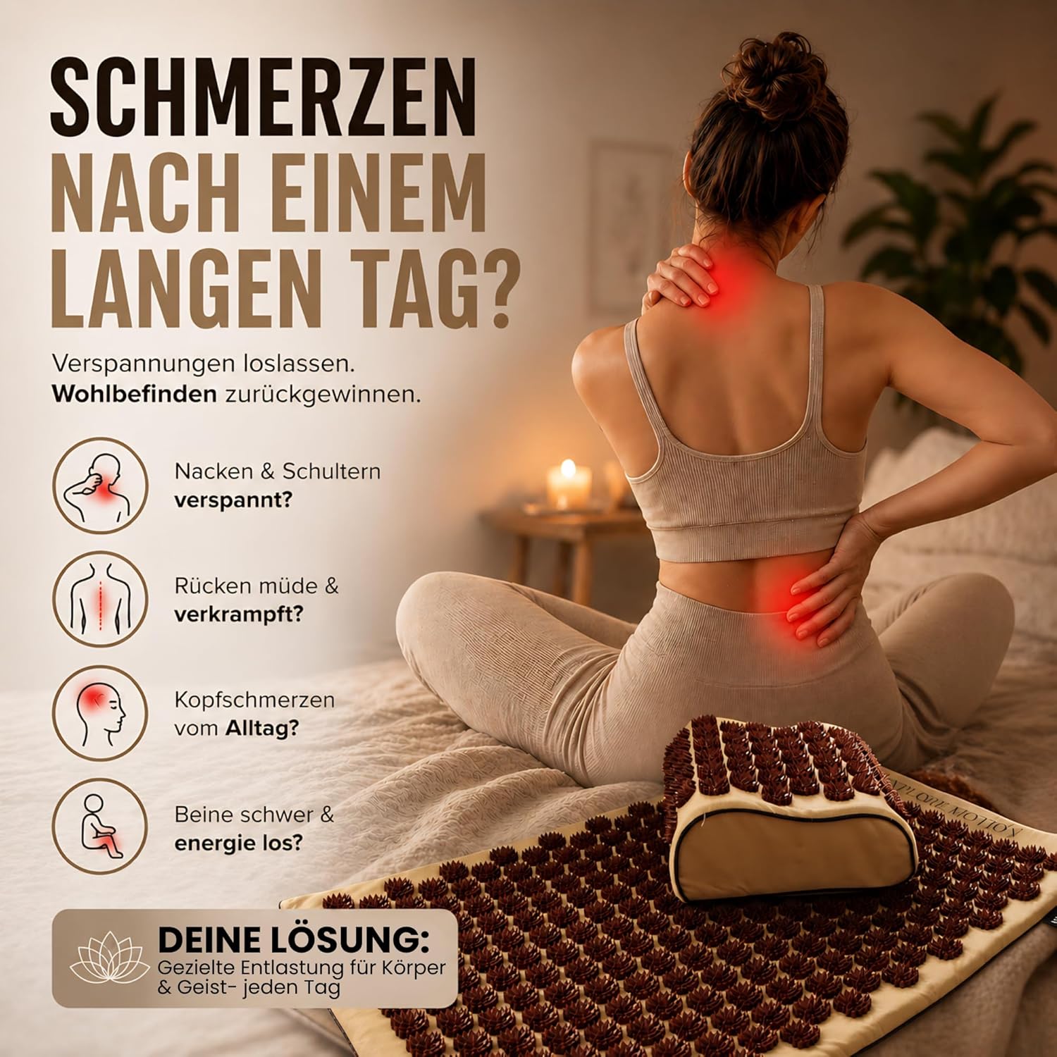Akupressurmatte 6-in-1 Premium Set - Sandstone Edition | Rücken- und Nackenmassage gegen Stress und Verspannungen | Mit Kissen, zusätzlicher Matte, Massageball und Tasche – spüren Sie den Unterschied! – Bild 2