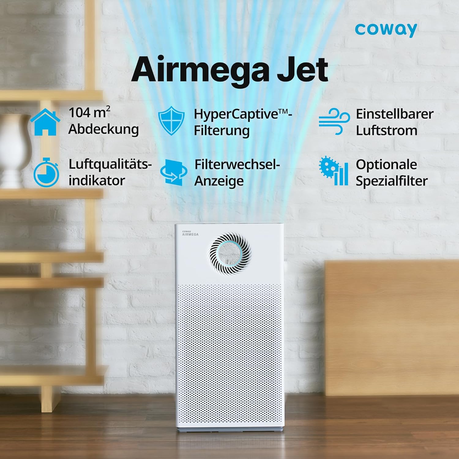COWAY Luftreiniger für Allergiker – MegaJet-Luftstrom vorne/oben entfernt 99,999 % der Partikel bis zu 0,01 µm, ECARF-zugelassen, für Pollen, Staub und Tierhaare, CADR 402 m³/h – AIRMEGA JET – Bild 2
