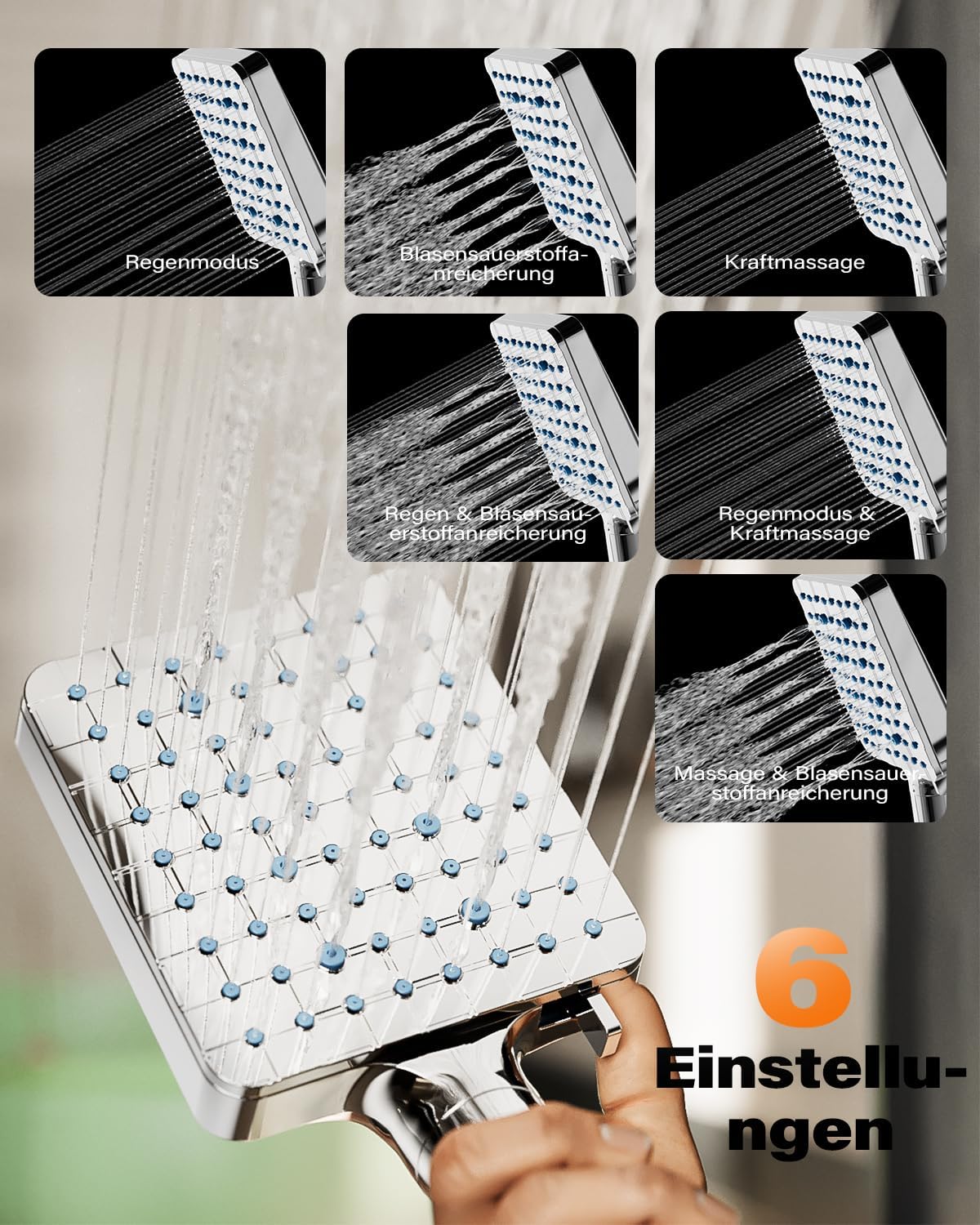 Cobbe Duschkopf mit Filter für hartes Wasser, Hochdruck-Handbrause, quadratischer Duschkopf mit 20-Stufen-Filter, 6 Strahlarten, entfernt Chlor und Schwermetalle, Chrom – Bild 4