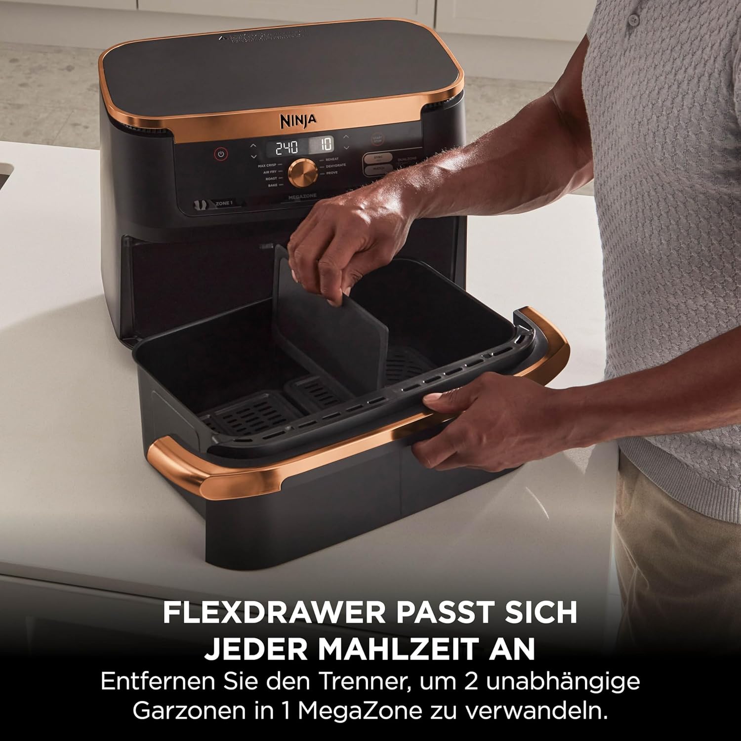 Ninja Foodi FlexDrawer Zweizonen-Heißluftfritteuse, Heißluftfritteuse mit 10,4 Fächern und abnehmbarem Separator, Antihaftbeschichtung, spülmaschinenfester Korb, 7-in-1, Schwarz und Kupfer, AF500EUCP – Bild 4