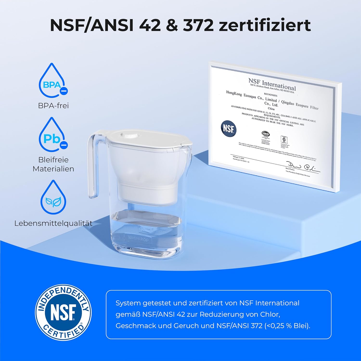 Waterdrop Wasserfilterkanne Kühlschrank-Wasserfilterkanne mit 3-Monats-Filter, 2,5 l, reduziert Fluorid, Chlor und mehr, NSF-zertifiziert, BPA-frei, Weiß (Ersatzfilter: WD-PF-01A Plus) – Bild 4