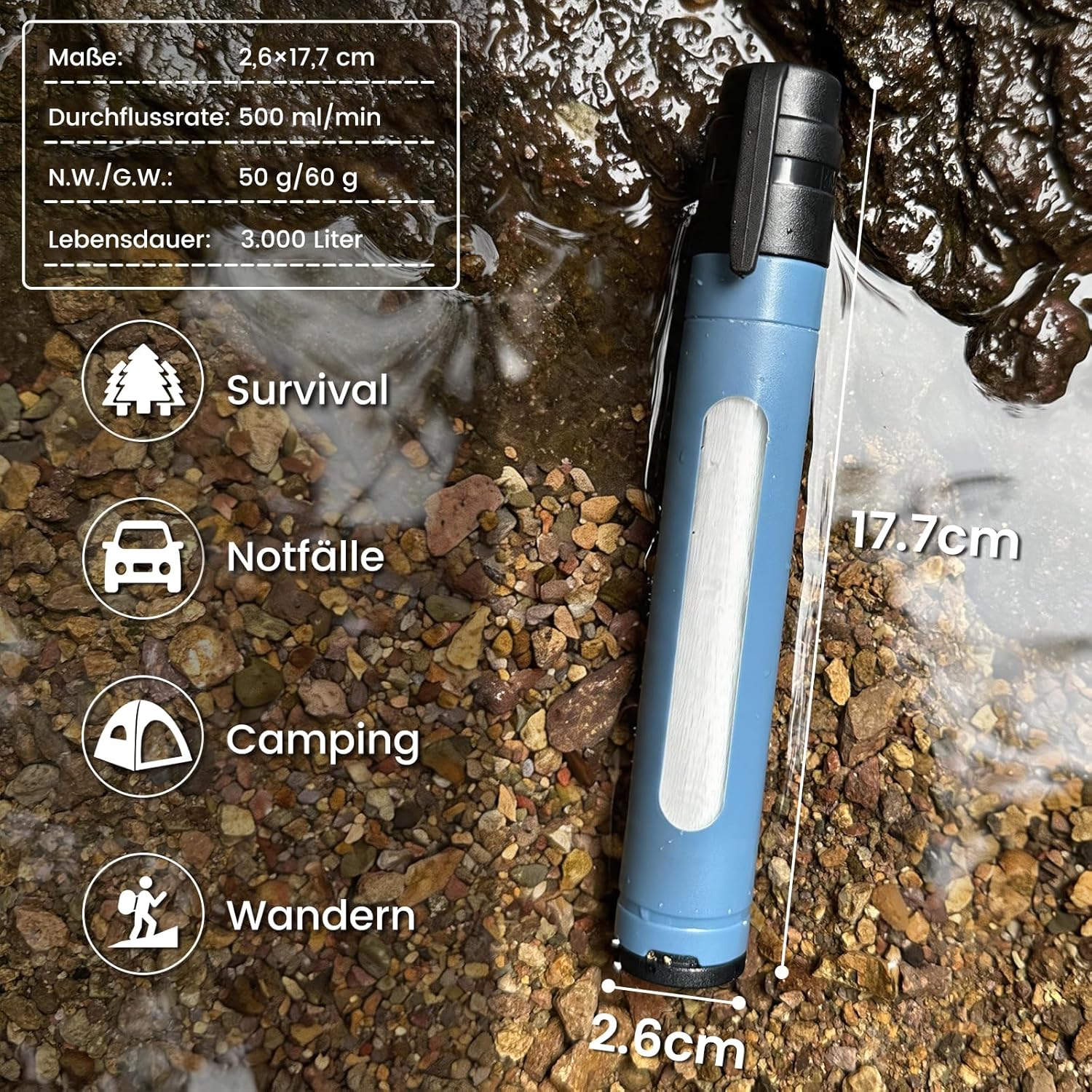 Wasserfilter Outdoor Survival mit Sichtfenster, persönlicher Trinkwasserfilter als Stift, 0,01 µm Ultrafiltrations-Aktivkohle, 3000 l Fassungsvermögen, leicht, tragbar für Camping, Wandern (blau x 3) – Bild 6
