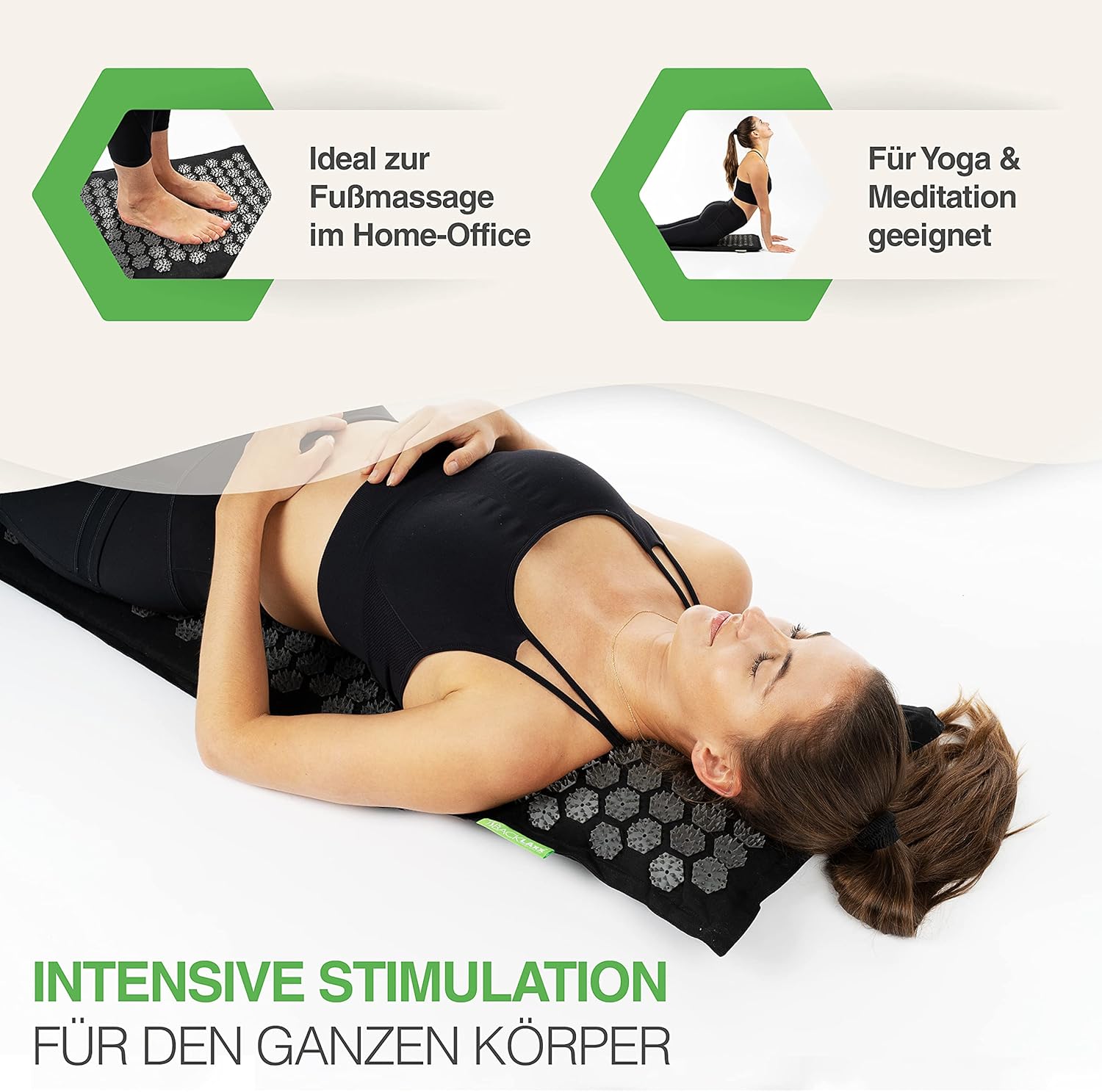 BACKLAXX Akupressurmatte mit Kissen für Fortgeschrittene (extreme Stimulation) | Akupunkturmatte mit Spikes zur Massage mit Tuch & Tasche | Akupressurmatte für Nacken, Schulter und Rücken – Bild 4