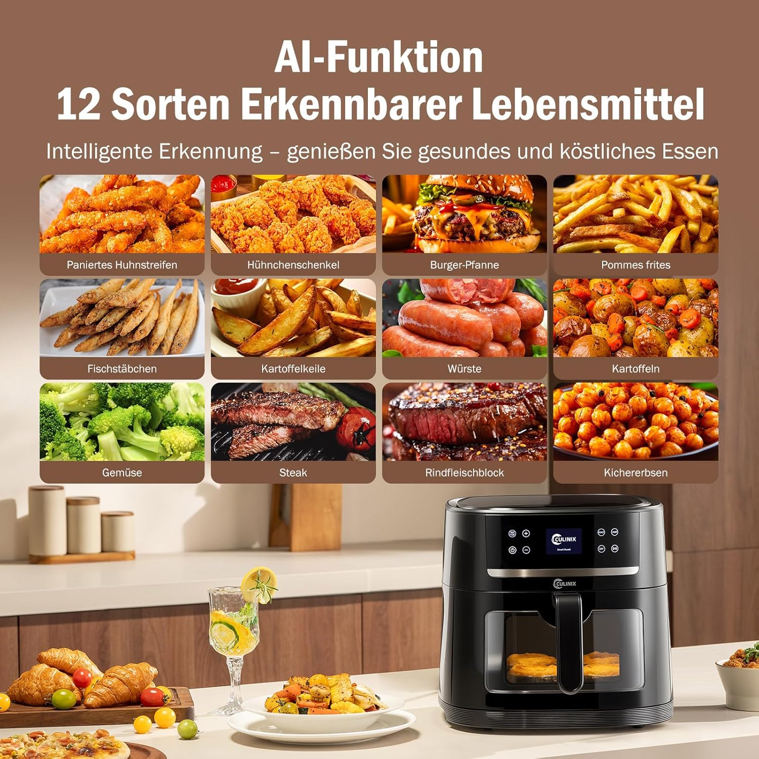 XXL Heißluftfritteuse 8L Heißluftfritteuse mit Kamera, Sichtfenster und Schüttelerinnerung, DIY-Funktionalität, einstellbare Temperatur & Timer, 30°C-200°C, Fritteuse ohne Öl, Schwarz – Bild 4