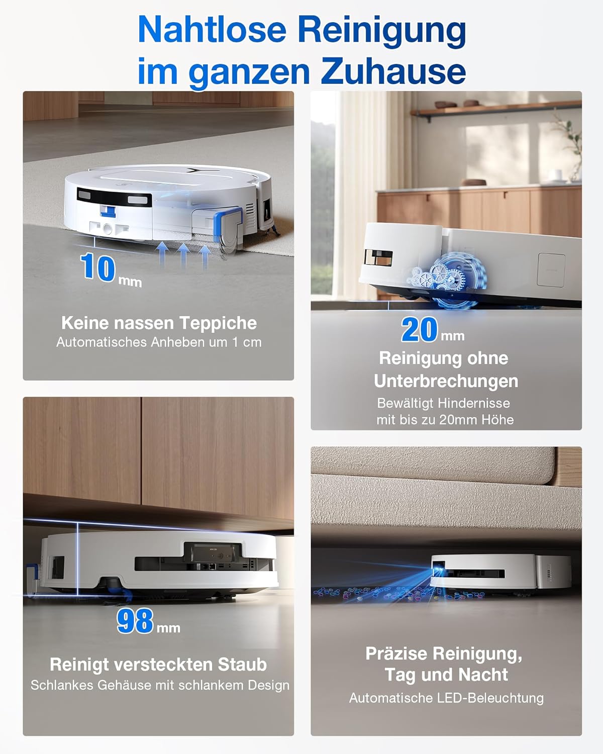 ECOVACS Deebot T80 Omni Roboterstaubsauger mit Wischfunktion, 18.000 Pa, OZMO Roller Wischwalze mit kontinuierlicher Frischwasser-Selbstreinigung, ZeroTangle 3.0, Wischwäsche mit 40–75 °C heißem Wasser, Weiß – Bild 6
