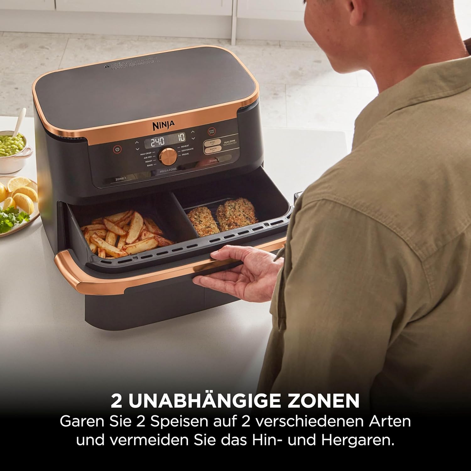 Ninja Foodi FlexDrawer Zweizonen-Heißluftfritteuse, Heißluftfritteuse mit 10,4 Fächern und abnehmbarem Separator, Antihaftbeschichtung, spülmaschinenfester Korb, 7-in-1, Schwarz und Kupfer, AF500EUCP – Bild 6