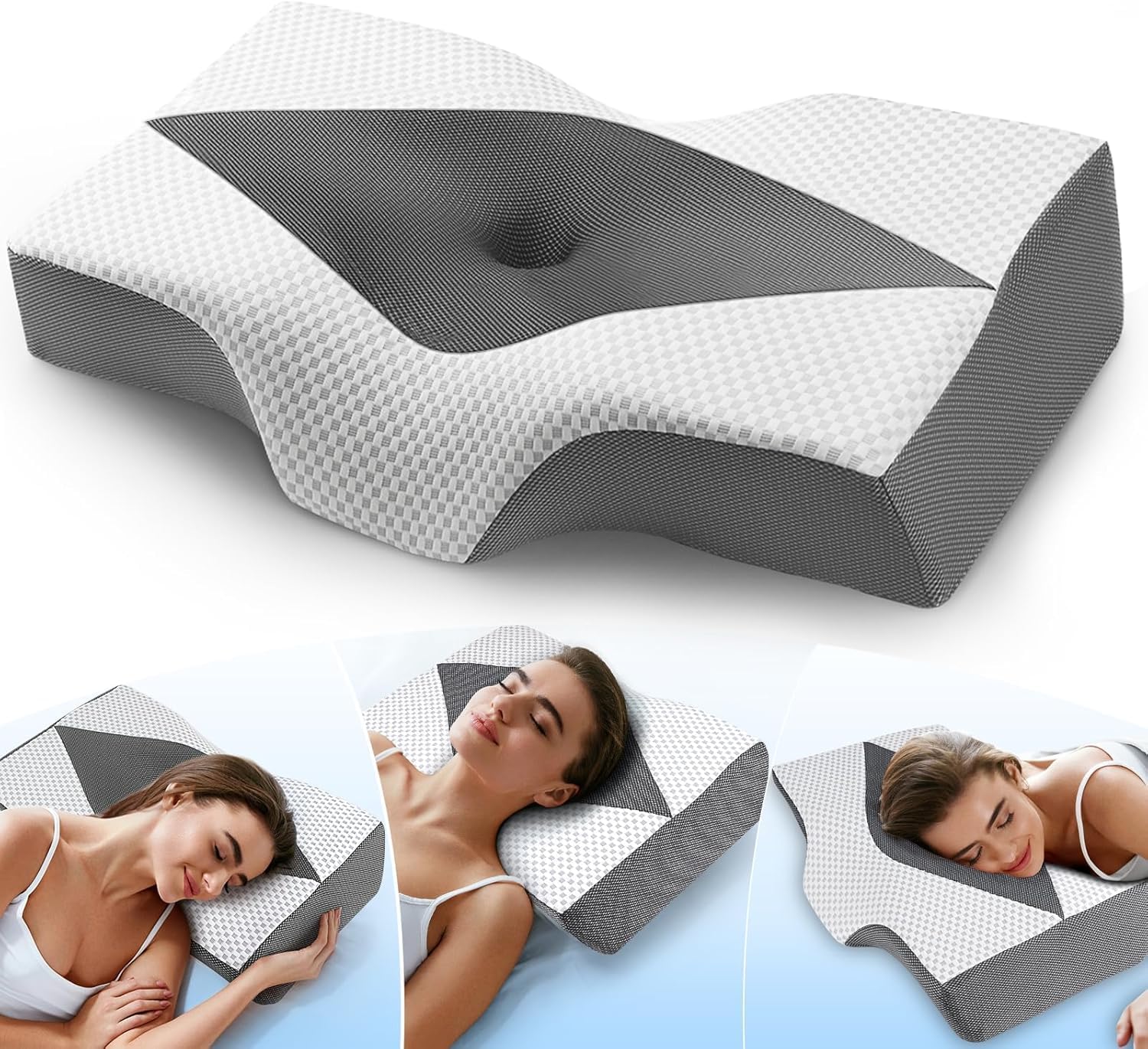 Nackenstützkissen gegen Nackenschmerzen, orthopädisches Kissen, ergonomisches Memory-Schaum-Nackenkissen mit 2 Höhen, Hohlraum und Kühlbezug, für Seiten- und Rückenschläfer – Grau