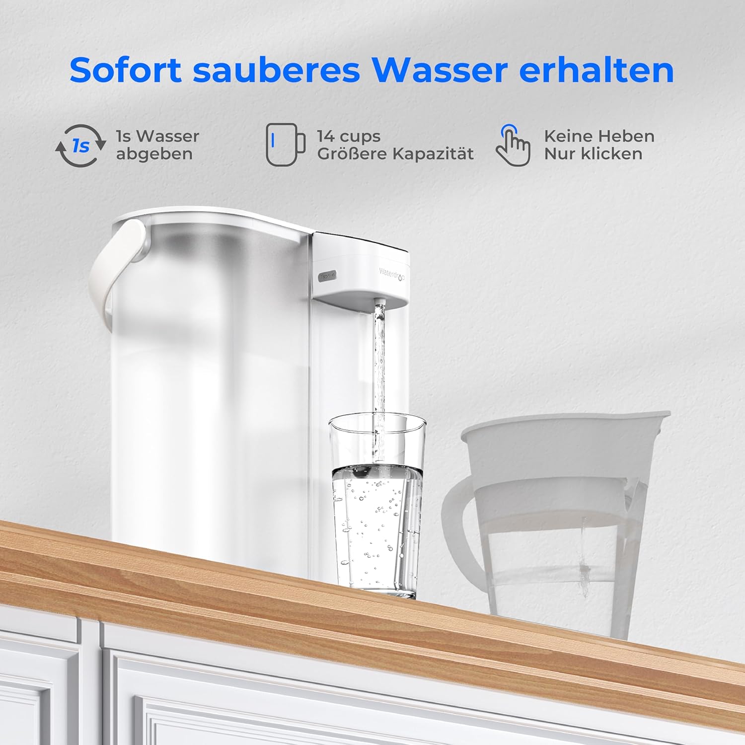 Waterdrop Elektrischer Wasserfilterkrug für Kühlschrank mit 3-Monats-Filter, Aufsatz-Wasserfiltersystem, reduziert Chlor, Blei, Quecksilber, PFAS, PFOA/PFOS-Reduzierung, 757 Liter, Weiß – Bild 4