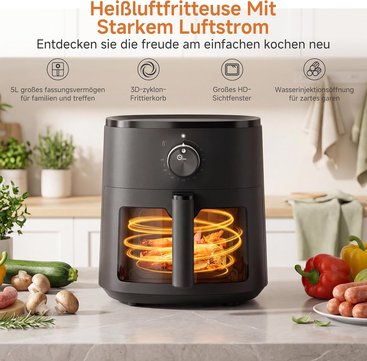 SIMPLUS Heißluftfritteuse 5L mit Sichtfenster, 1300W Airfryer, leise 43,2 dB, platzsparend, Heißluftfritteuse mit Dampffunktion, Antihaft-Korb, Drehknopf, 60-200°C – Bild 2