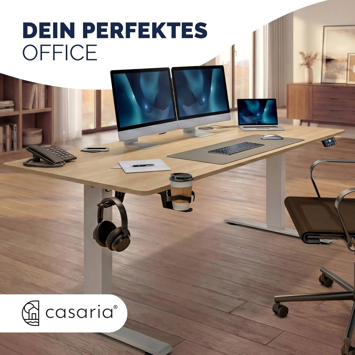 Casaria Höhenverstellbarer elektrischer Schreibtisch 140 x 70 cm mit kabellosem Ladegerät & USB-C/A-Anschluss, LCD-Display, Memory-Funktion, 80 kg Tragkraft, ergonomisch, Beige – Bild 7