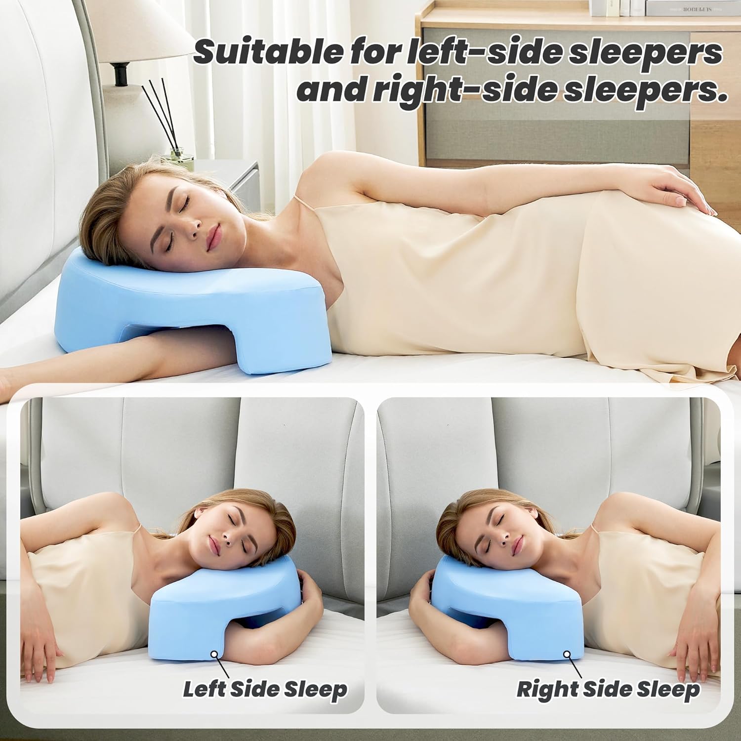 Ergonomisches Seitenschläferkissen mit Armloch – orthopädisches Memory-Schaum-Nackenstützkissen für Nacken und Schulter – Kissen für Seitenschläfer, Rücken- und Bauchschläfer – waschbarer Bezug, blau – Bild 4