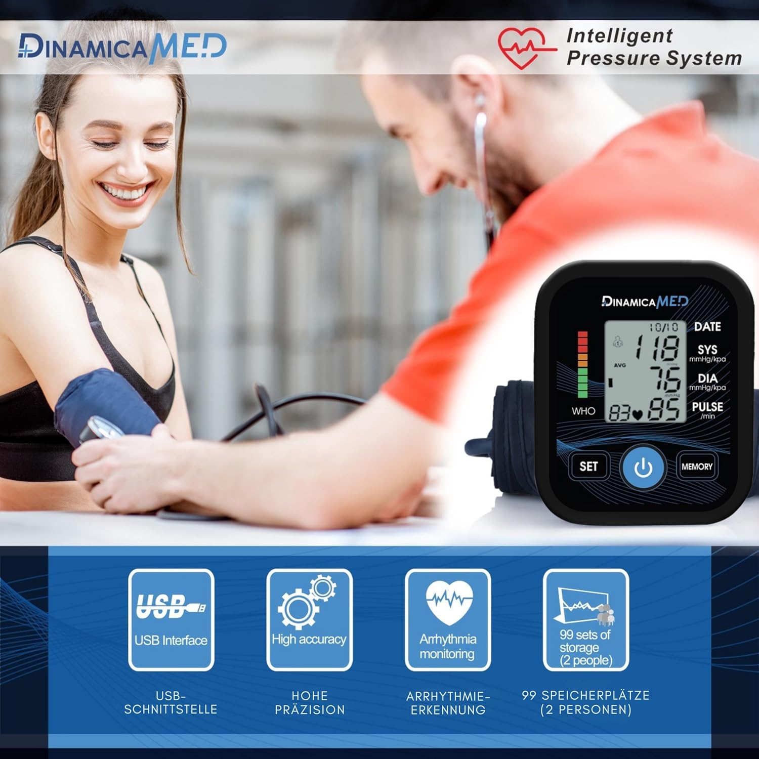 Dinamicamed – Digitales Oberarm-Blutdruckmessgerät A139 mit großem Display – Blutdruck- und Pulsmessung, Arrhythmie-Erkennung, 2 Benutzerprofile je 99 Speicherplätze, verstellbare Manschette 22–42 cm – Bild 3