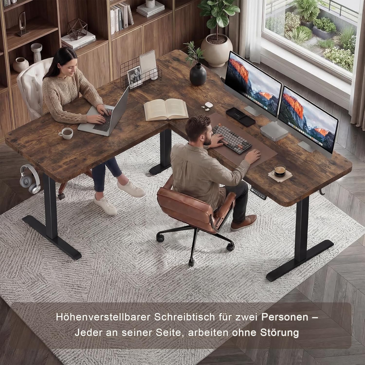 JUMMICO Eckschreibtisch, höhenverstellbar mit 3 Ablagehöhen, 160 x 140 cm, L-förmiger höhenverstellbarer Schreibtisch mit Kabelkanal und 2 Haken, ergonomischer Computertisch für das Home Office, braun – Bild 5