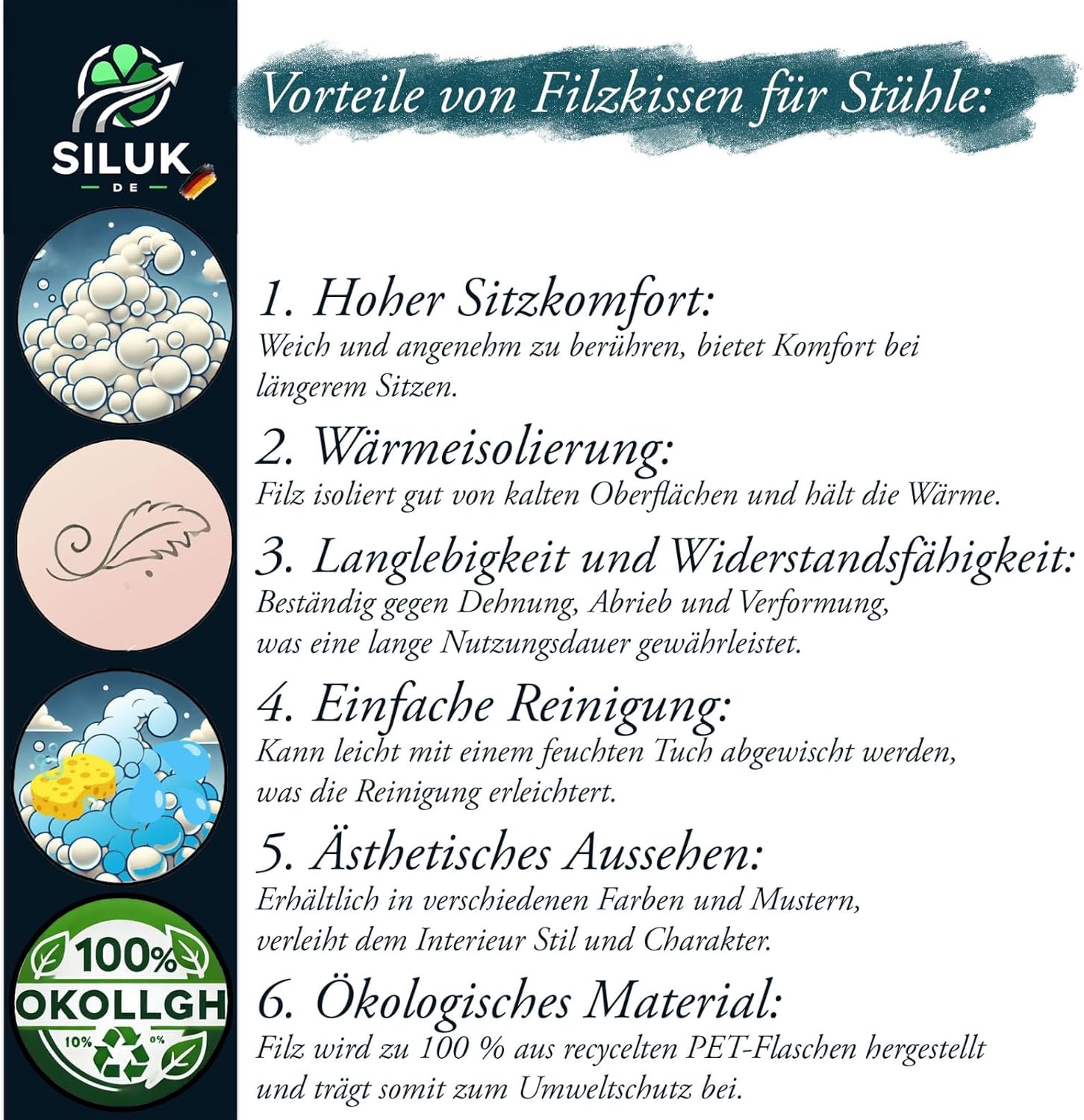 SILUK Gemütliche Sitzkissen aus Filz, 40 cm x 40 cm, bequem waschbar, 4er-Set, grau, schwarz, für Bank, Stuhl, Stuhlkissen (quadratisch – anthrazit) – Bild 5