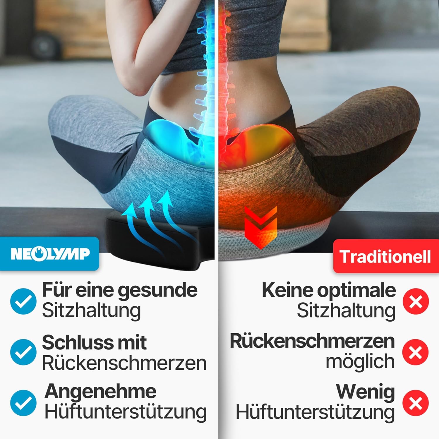 NEOLYMP Orthopädisches Sitzkissen – Memory Foam Kissen mit Steißbeinaussparung – Ergonomisches Design für Büro, Auto & Reisen – 3 Härtegrade für Sitzkomfort (Schwarz, Mittel, 60-100 kg) – Bild 5
