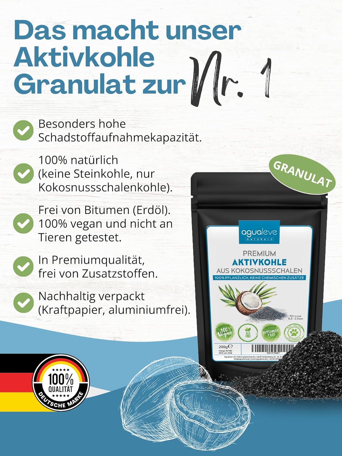 AGUALEVE Premium Aktivkohlegranulat 200 g aus Kokosnussschalen – Die Nr. 1 – Pflanzen, Katzenstreu, Aquarium, etc. – 100 % natürlich, frei von chemischen Zusätzen und Bitumen – Korngröße: 0,5 – 2,5 mm – Bild 3
