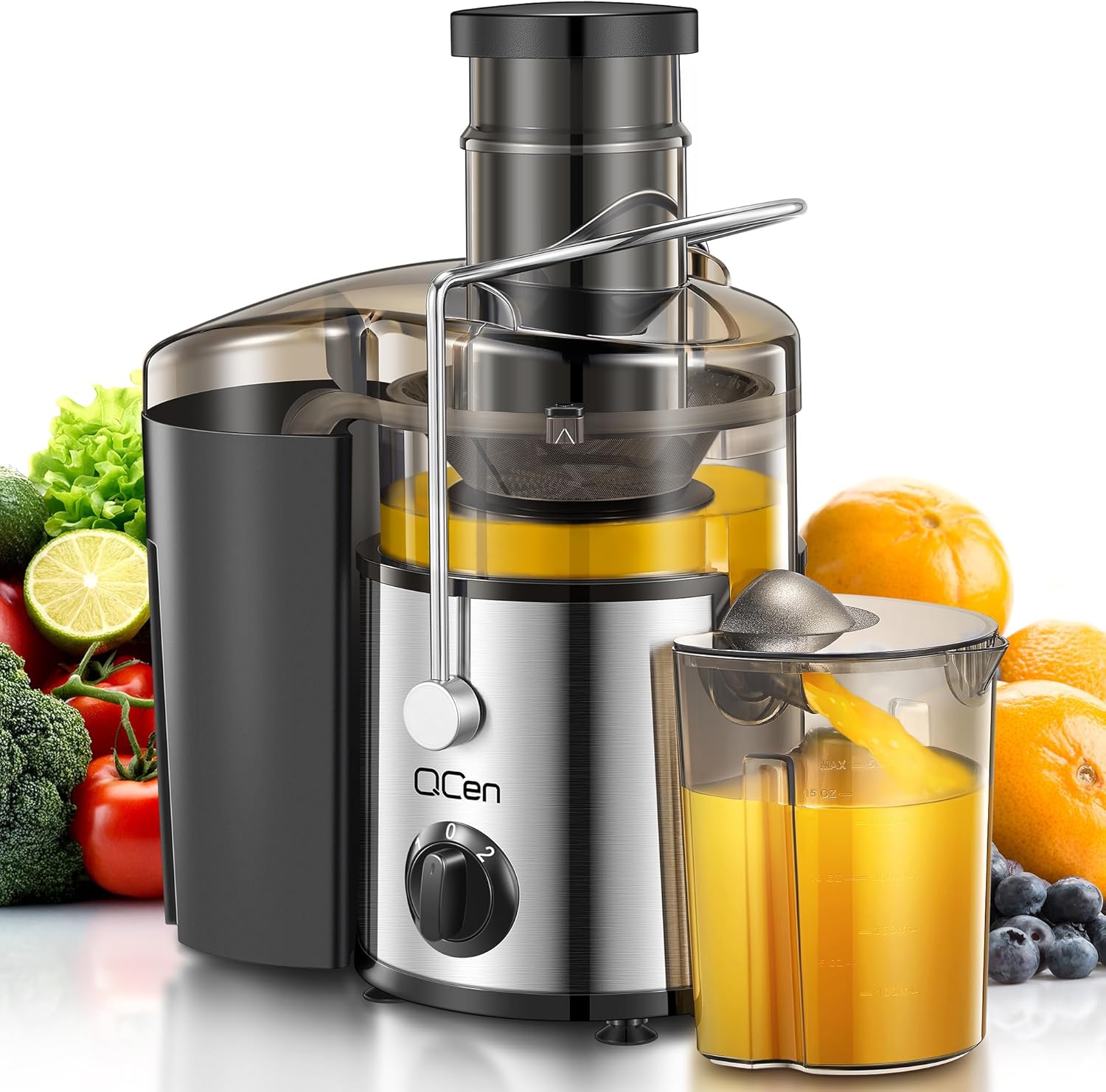 QCen Entsafter, Zentrifugal-Entsafter mit 3-Zoll-Einfüllkanal, leicht zu reinigen, Edelstahl, BPA-frei, ideal für Obst und Gemüse (transparent, 500 W)