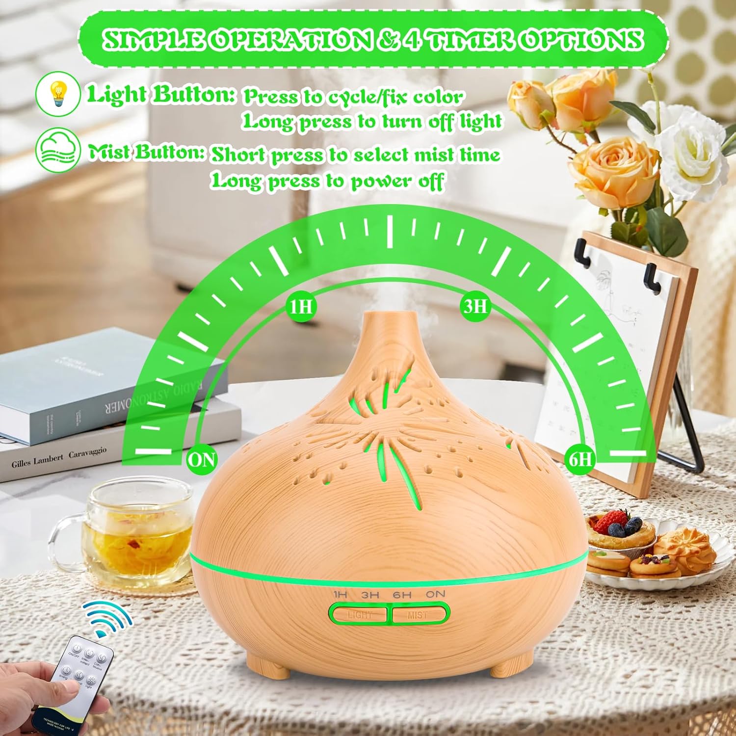 Aromadiffusor 550 ml, Ultraschall-Luftbefeuchter in Holzoptik mit Fernbedienung, 7 LED-Farben mit Dimmung & Helligkeit, Timer 1/3/6H, Aromatherapie-Diffusor für Schlafzimmer, Wohnzimmer, Yoga & Büro – Bild 4