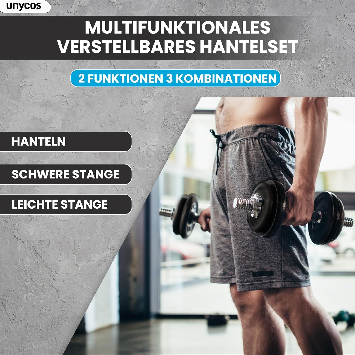unycos – 2-in-1-Hanteln und Langhantel, verstellbar (15–50 kg), mit Übungs-E-Book, Gewichtsset mit Verbindungsstange und Eisenplatten, Aufbewahrungskoffer, Heim-Fitnessstudio (Eisentransformator) – Bild 2