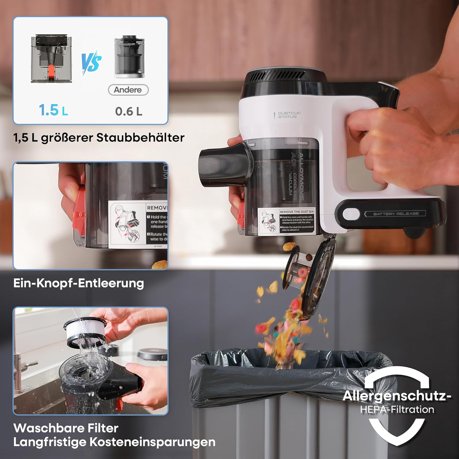 AlloyMove Akku Staubsauger 50000Pa/550W/70Min, 1.5L Staubsauger Kabellos mit Anti-Tangle-Bürste und Wandladestation, 7-Schicht-Filtersystem Super Leise für Tierhaare/Teppiche/Hartböden/Auto A01 – Bild 9