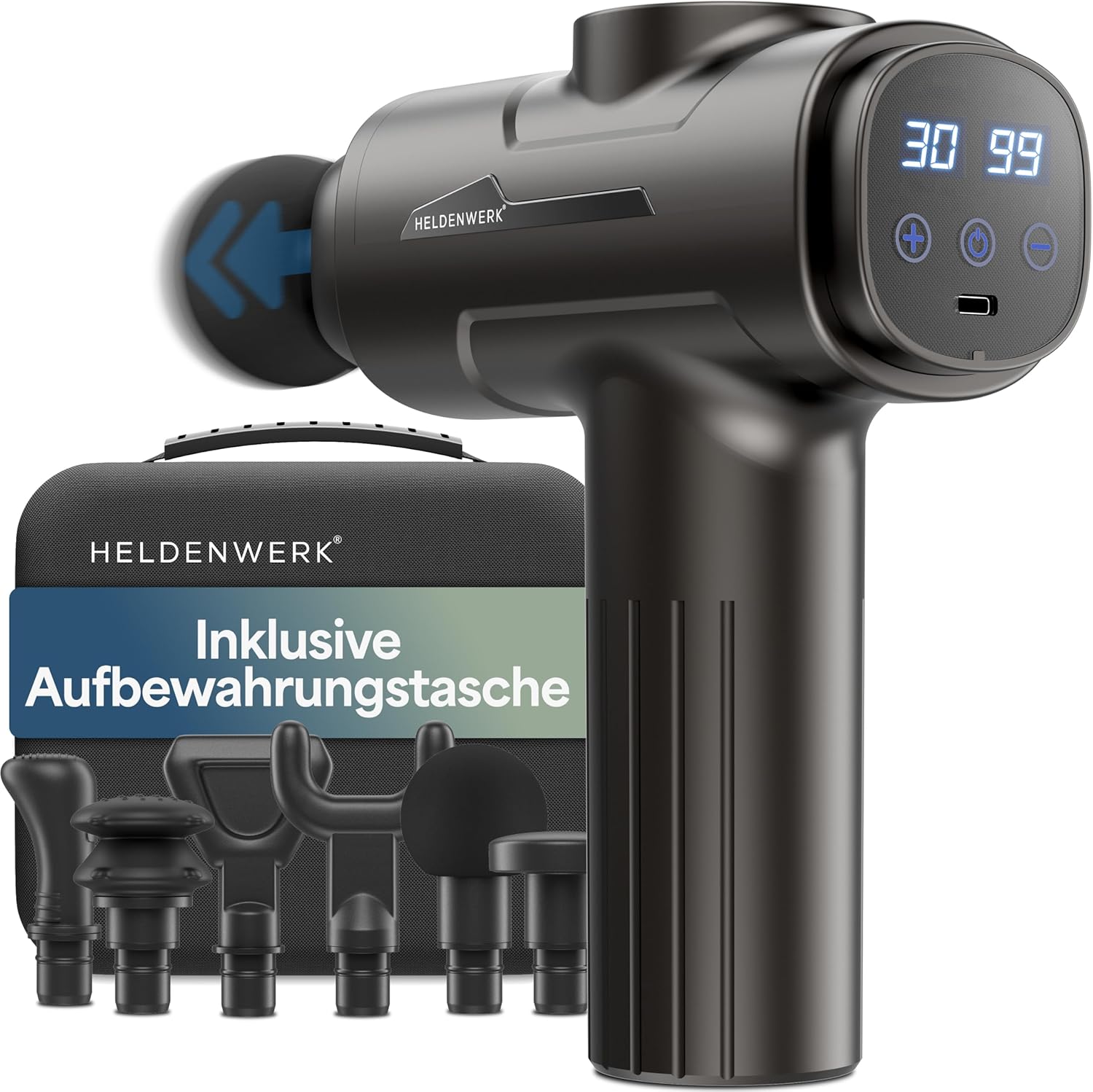 Massagepistole mit 6 Massageköpfen und 30 Geschwindigkeiten mit USB-C-Anschluss und LCD-Touchscreen I Muskelmassagegerät Massagepistole Muskelmassagepistole Muscle Gun Muscle Gun (Grau)