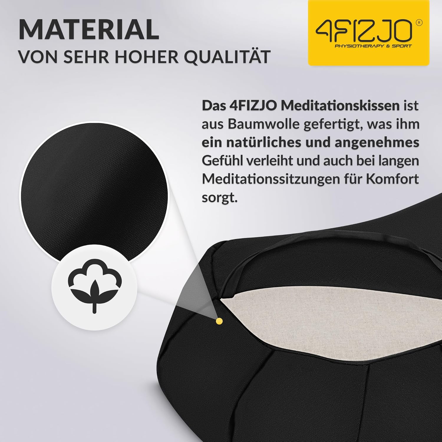 4FIZJO Halbmond-Yogakissen mit Buchweizenschalen, Meditationskissen, natürliche Füllung, Sitzkissen, perfekt für bequemes Yoga, Meditation, Achtsamkeit, 40 x 30 x 12 cm, schwarz – Bild 4