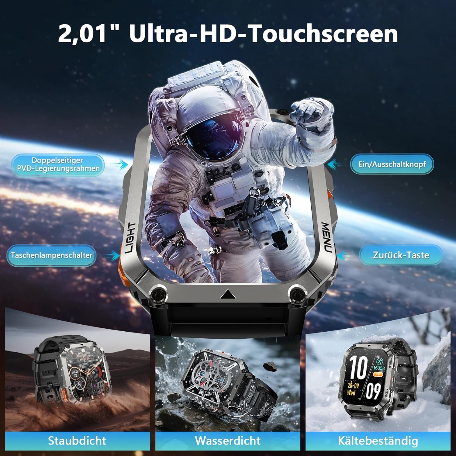 Blackview 900 mAh Herren-Smartwatch, Bluetooth-Anrufe/Kompass/LED-Beleuchtung/2 Armbänder (Silikon/Nylon), Sportuhr mit Puls-Schlaf-Schritten-Kalorien-Kilometer-Monitor, Fitness-Uhr für Android iOS – Bild 2
