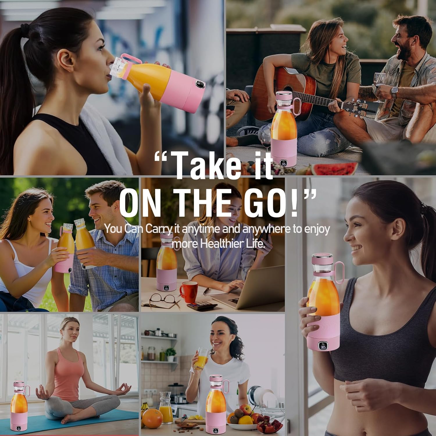 Spardar 350 ml tragbarer Mixer, Smoothie-Maker mit 6 Klingen, intelligentes LED-Display, wiederaufladbarer USB-Mixer, Tragegurt, zerkleinert Eis und gefrorene Früchte, Reisen und Arbeit, Pink – Bild 7