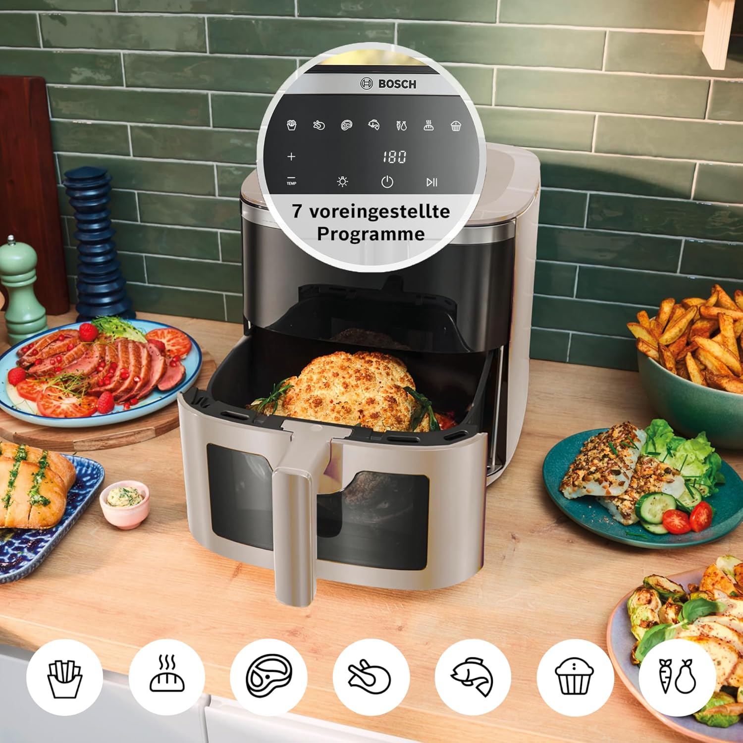 Bosch Heißluftfritteuse Serie 6, XXL-Luftfritteuse, Creme, 7,2 l Fassungsvermögen, beleuchtetes Sichtfenster, 7 voreingestellte Programme, bis zu 65 % schnelleres Garen, MAF671C0 – Bild 6