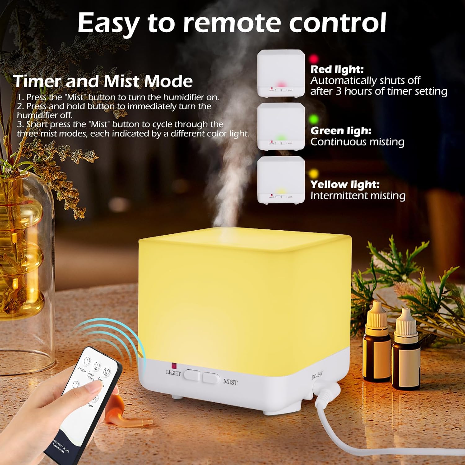 GeeRic Aromadiffusor, 300 ml Luftbefeuchter, Ultraschall-Aromatherapie-Diffusor für ätherische Öle mit Fernbedienung, automatischer Abschaltung im wasserlosen Zustand und 7 Arten von LED-Lichtfarben – Bild 4