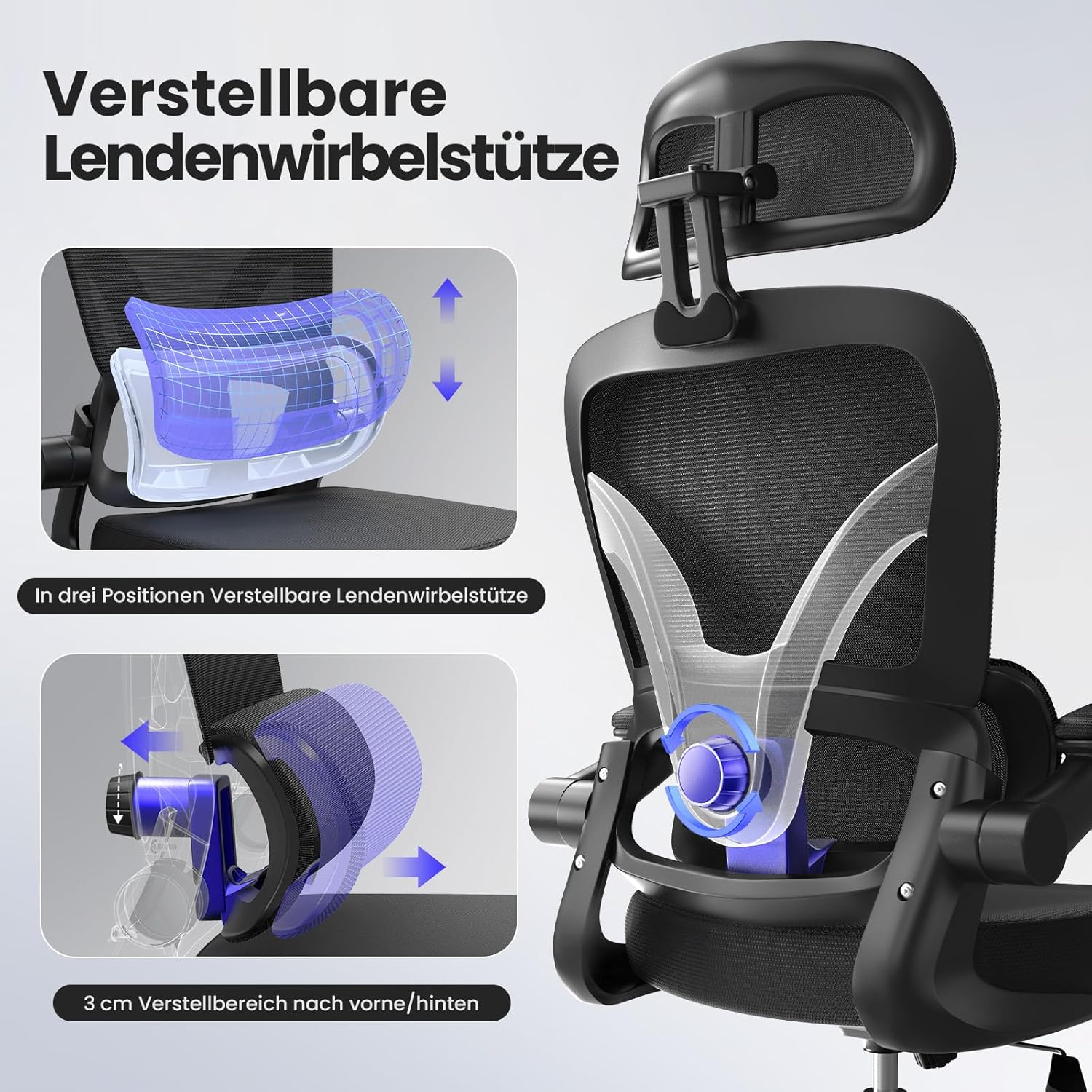 naspaluro Ergonomischer Bürostuhl mit dynamischer Lordosenstütze, Schreibtischstuhl mit 3D-Kopfstütze, klappbaren Armlehnen, atmungsaktivem Netzbezug, 360°-Drehstuhl für das Home Office, Schwarz – Bild 4
