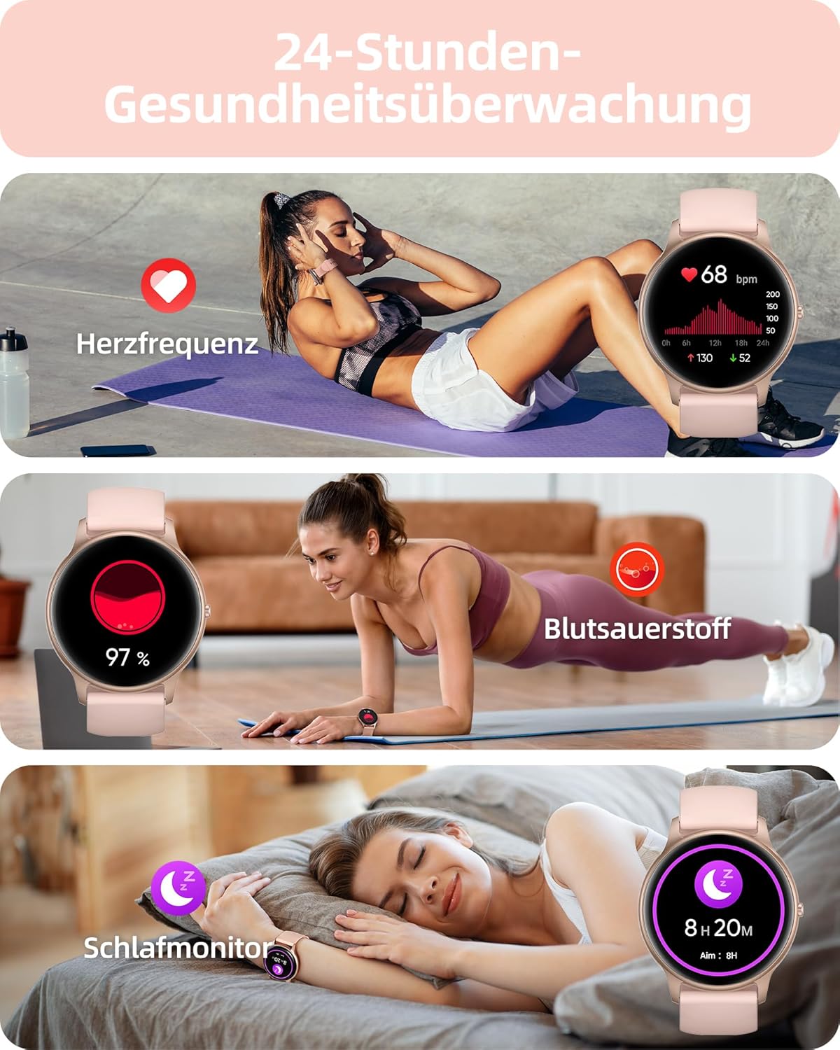 Parsonver Damen Runde Smartwatch mit Telefonfunktion, leichte Fitnessuhr Damen mit Schrittzähler, 100+ Sportmodi, IP68 wasserdicht, Sportuhr Damen mit Herzfrequenz-Schlafmonitor, SpO2, Roségold, SPROD1 – Bild 5