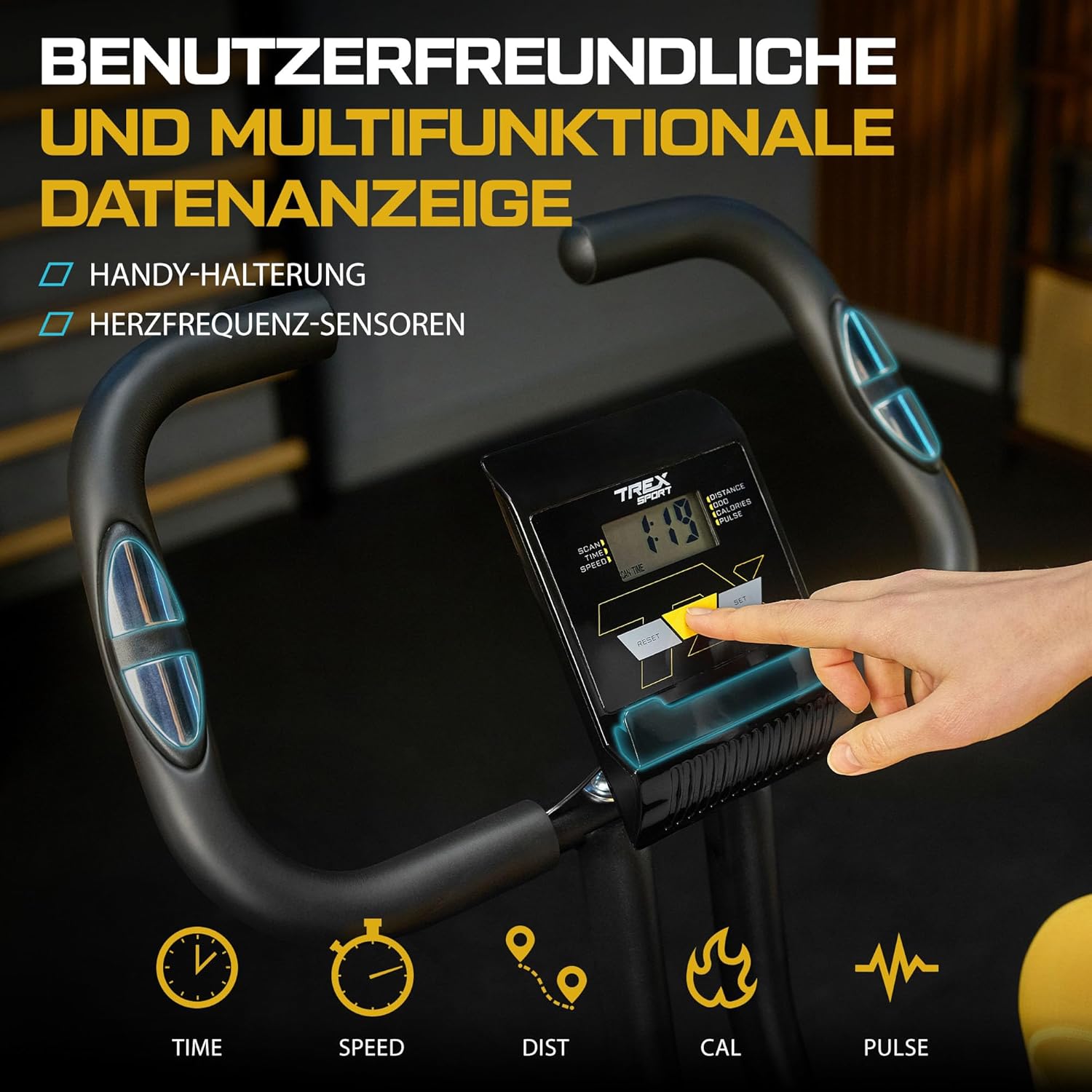 TREX SPORT Flix TX-320XB klappbarer Heimtrainer mit manuellem Reibungswiderstand, LCD-Display und Pulssensoren, 5-fach höhenverstellbarer Sitz, maximale Belastung 100 kg, schwarz – Bild 3