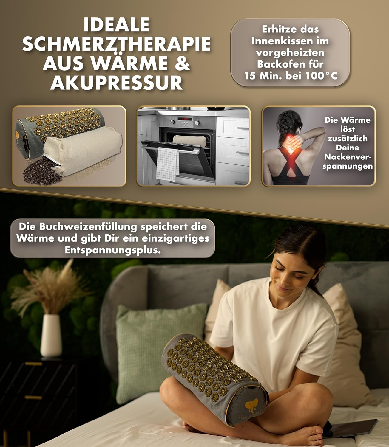 CALM ELEPHANT ORIGINAL 2-in-1 Akupressurkissen mit Wärmefunktion, Nackenrolle, Nackenkissen, Kniekissen, Lagerungsrolle, Fußstütze Schreibtisch, ideale Ergänzung zur Akupressurmatte mit Kissen, grau – Bild 5