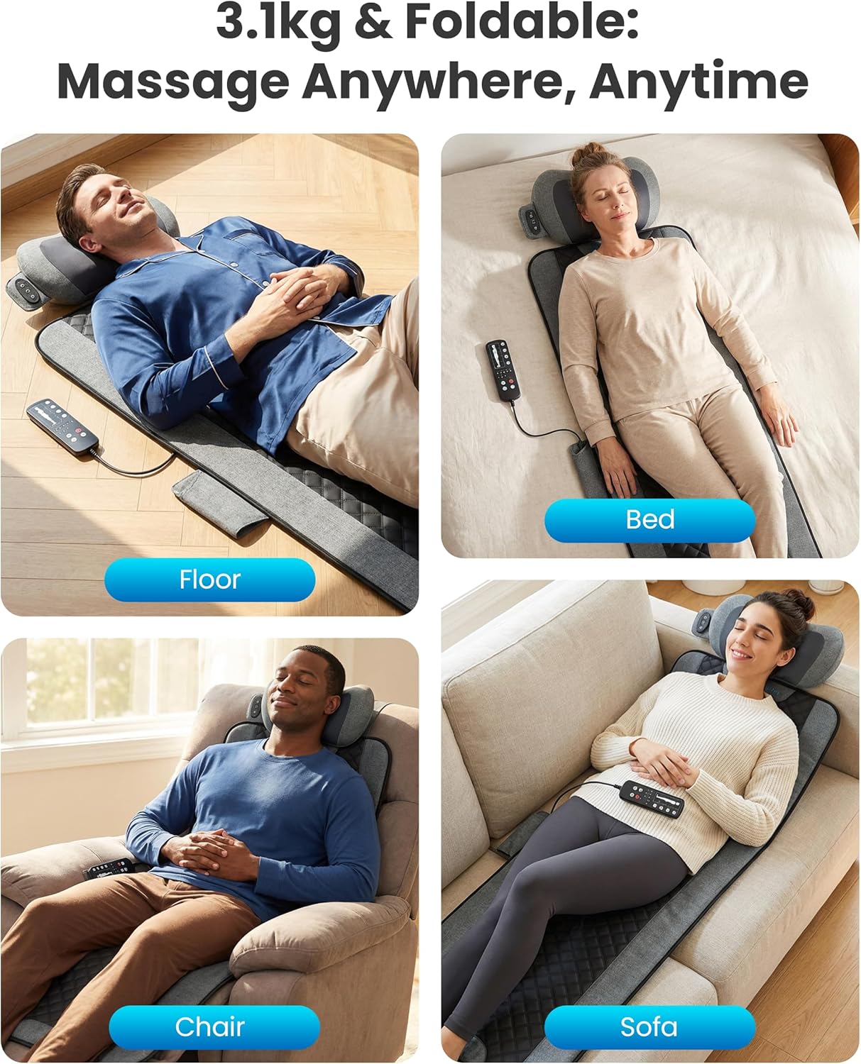 COMFIER Ganzkörper-Massagematte mit Wärme, 10-motoriges Vibrations-Massagepad mit Shiatsu-Nackenmassagegerät für Rücken, Beine und Nacken, 160 x 56 cm, Geschenk für Mama und Papa – Bild 5