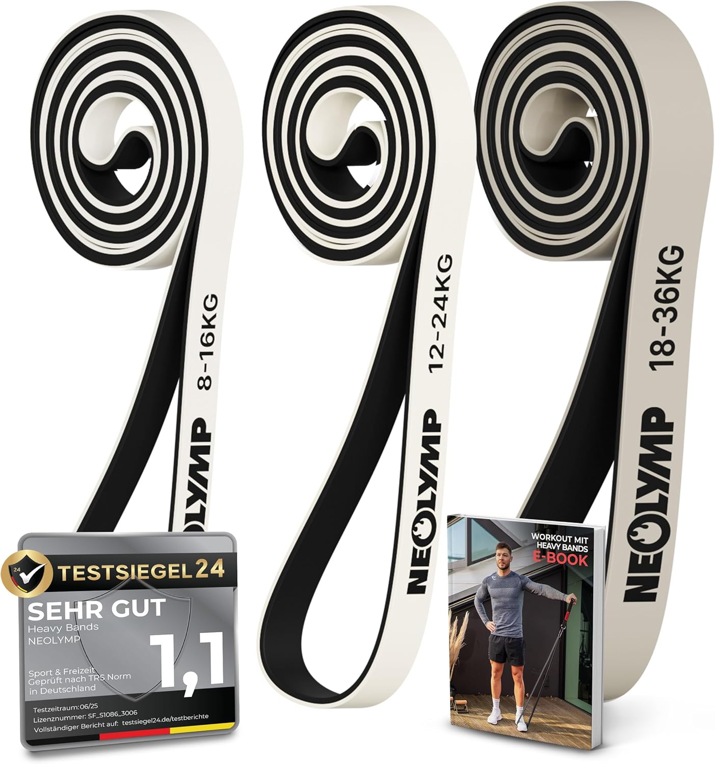 NEOLYMP Widerstandsbänder aus doppelt beschichtetem Naturlatex mit Fitness-E-Book – lange Fitnessbänder für Krafttraining, Widerstandsbänder, Klimmzugbänder