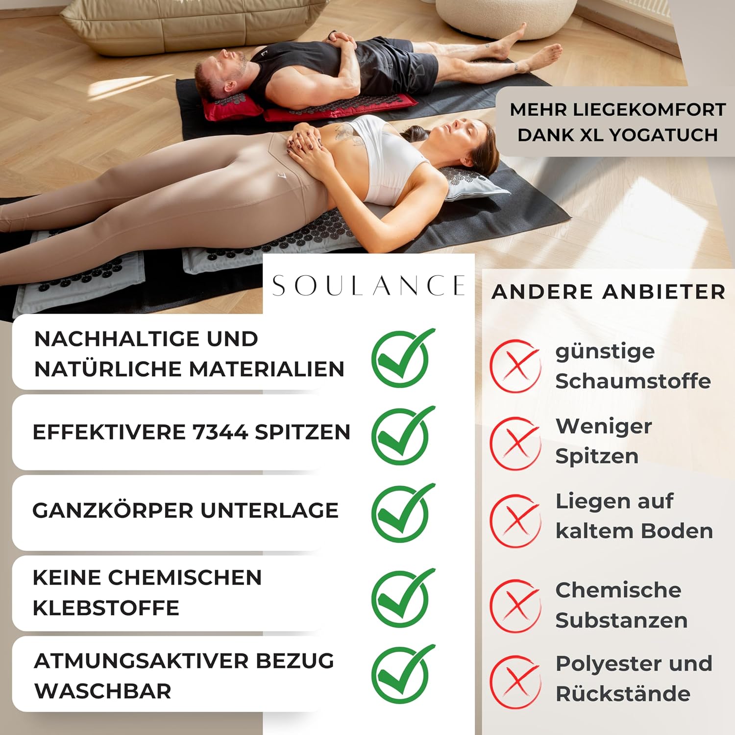 SOULANCE Akupressurmatte mit Kissen – 5-in-1-Premium-Set (inklusive Yogatuch) & Tragetasche, Kokosfaserfüllung – Massagematte, Akupunkturmatte gegen Nacken- und Rückenschmerzen – Bild 7