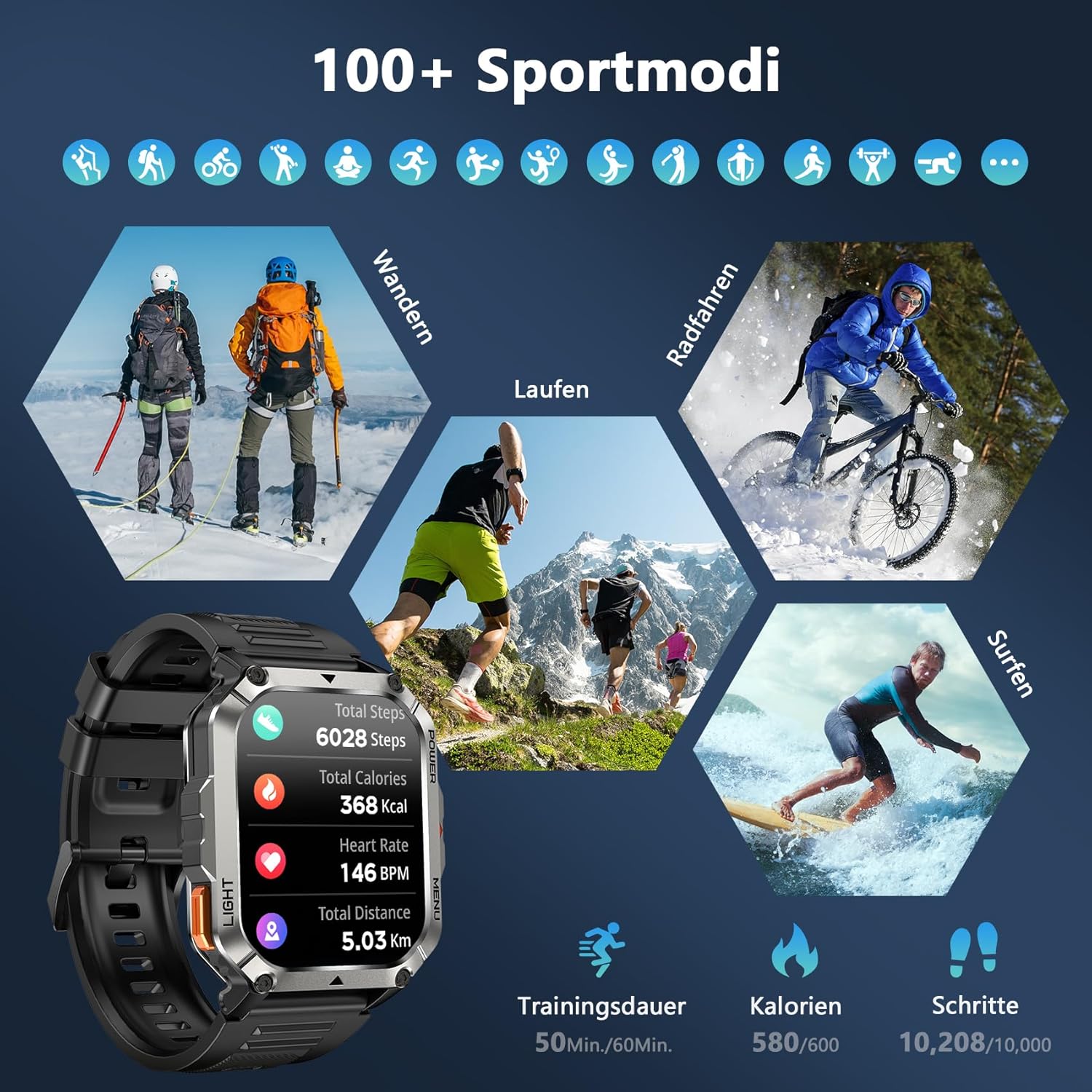 Blackview 900 mAh Herren-Smartwatch, Bluetooth-Anrufe/Kompass/LED-Beleuchtung/2 Armbänder (Silikon/Nylon), Sportuhr mit Puls-Schlaf-Schritten-Kalorien-Kilometer-Monitor, Fitness-Uhr für Android iOS – Bild 6